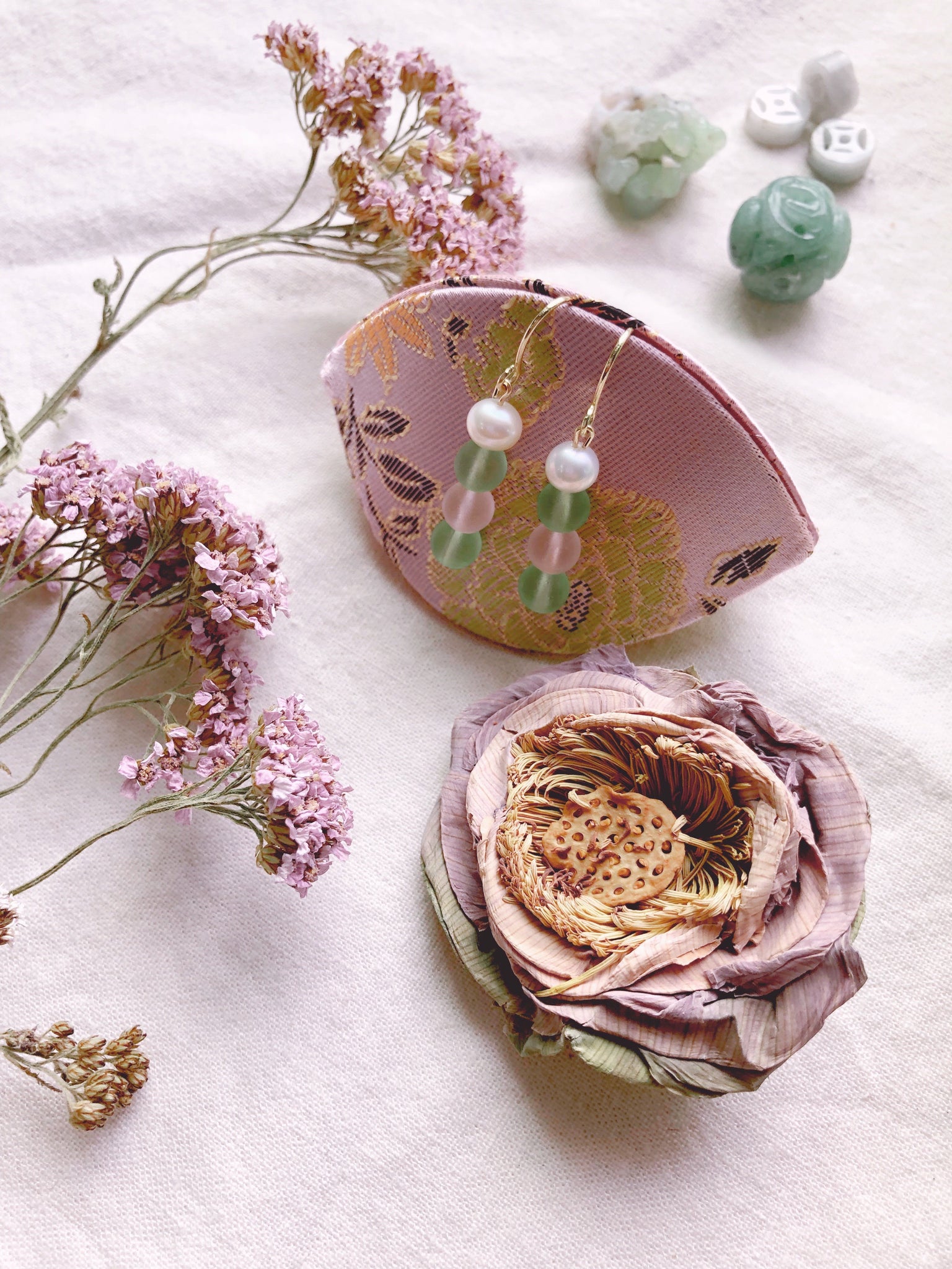 Sweet Mochi + Freshwater Pearl, Pink & Green Pastel Glass earrings