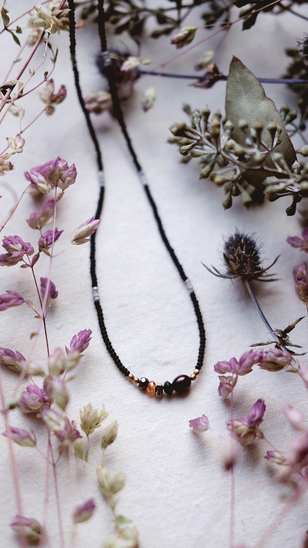 The Mystic + Spessartite Garnet + Freshwater Pearl + Jade + Pyrite + Spinel necklace