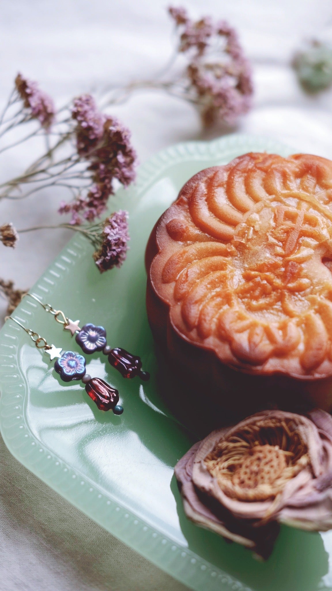Star Lanterns + Pressed flowers, Chalcedony, and Ruby Glass earrings