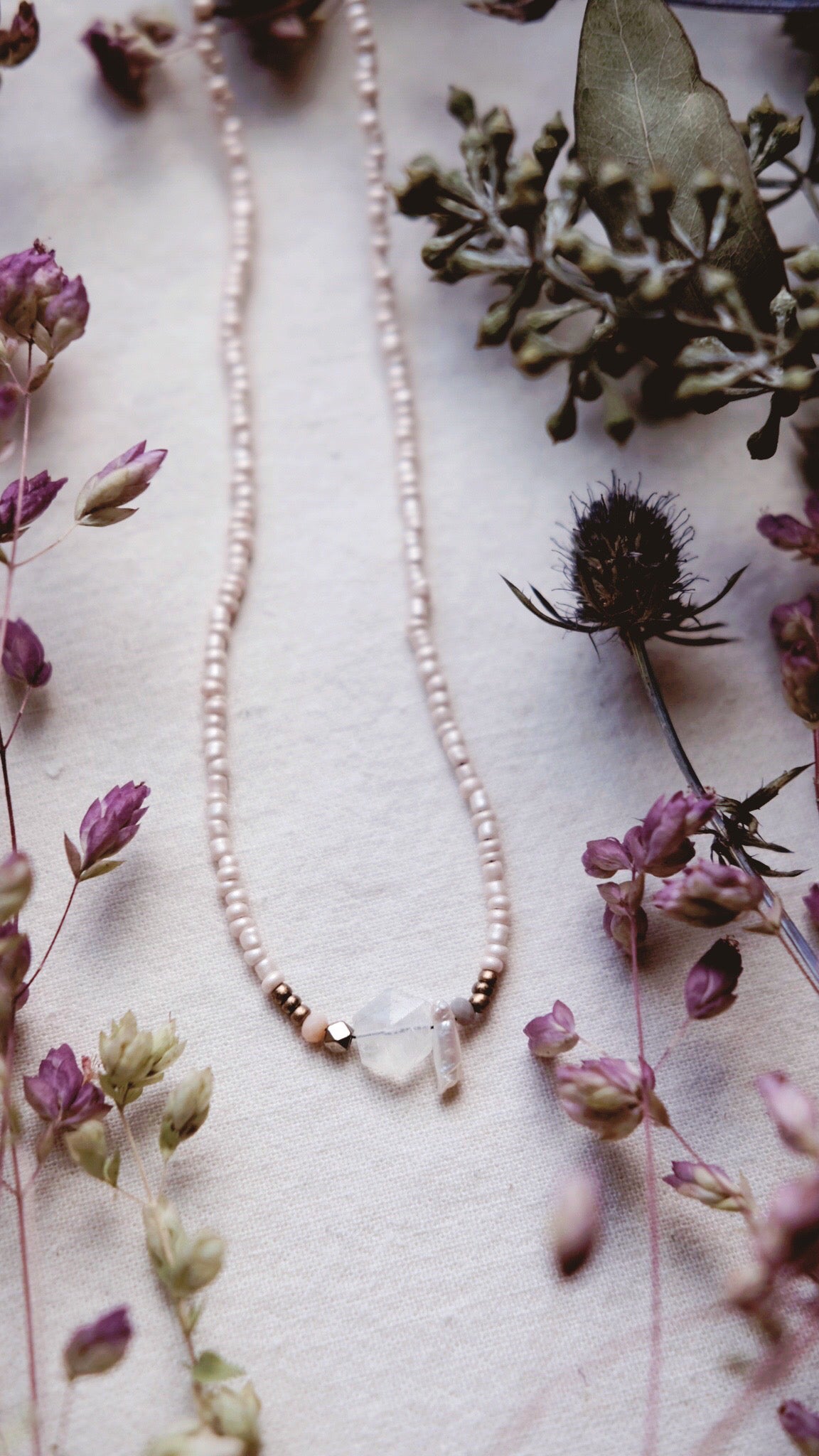 The Poetess + Moonstone + Peach Spinel + Pyrite + Pearl fragment necklace