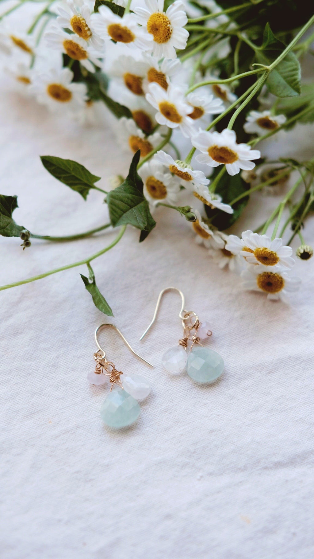 Leaf vine + Prehnite, Moonstone, and Pink Quartz earrings