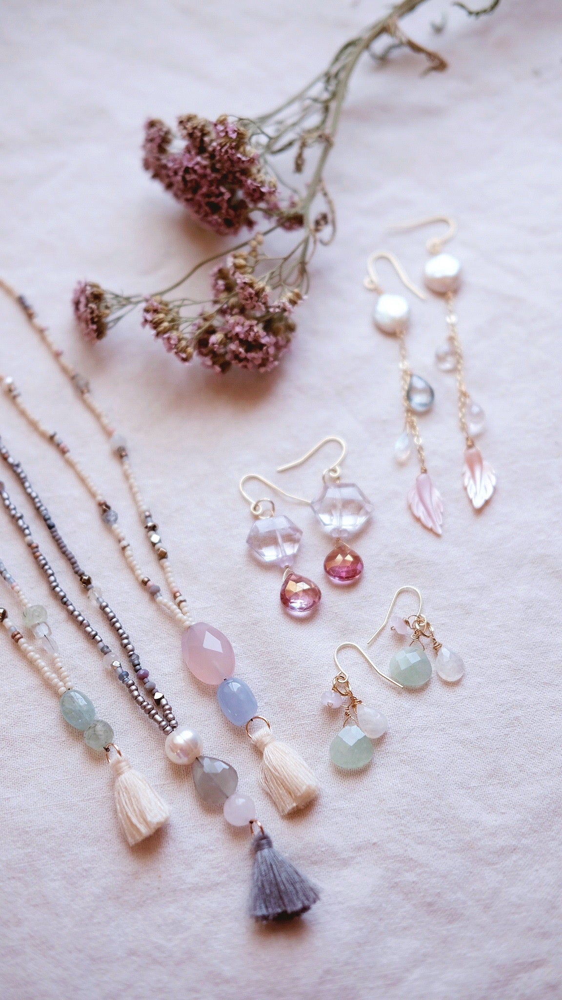 Leaf vine + Prehnite, Moonstone, and Pink Quartz earrings