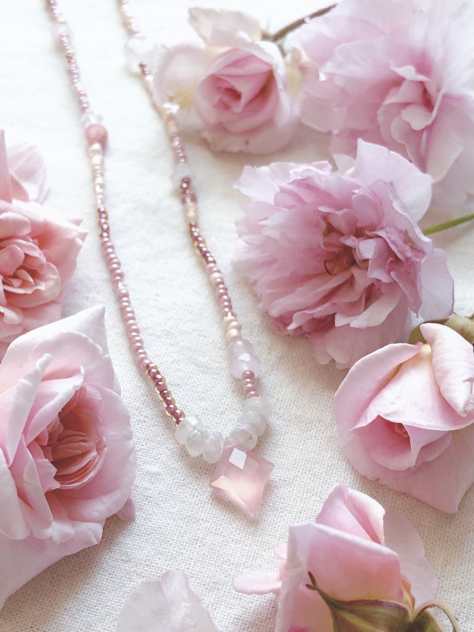 Flowering Dawn + Rose Onyx + Rhodocrosite + Freshwater Pearl + Rose Quartz & Spinel + mindfulness beaded necklace
