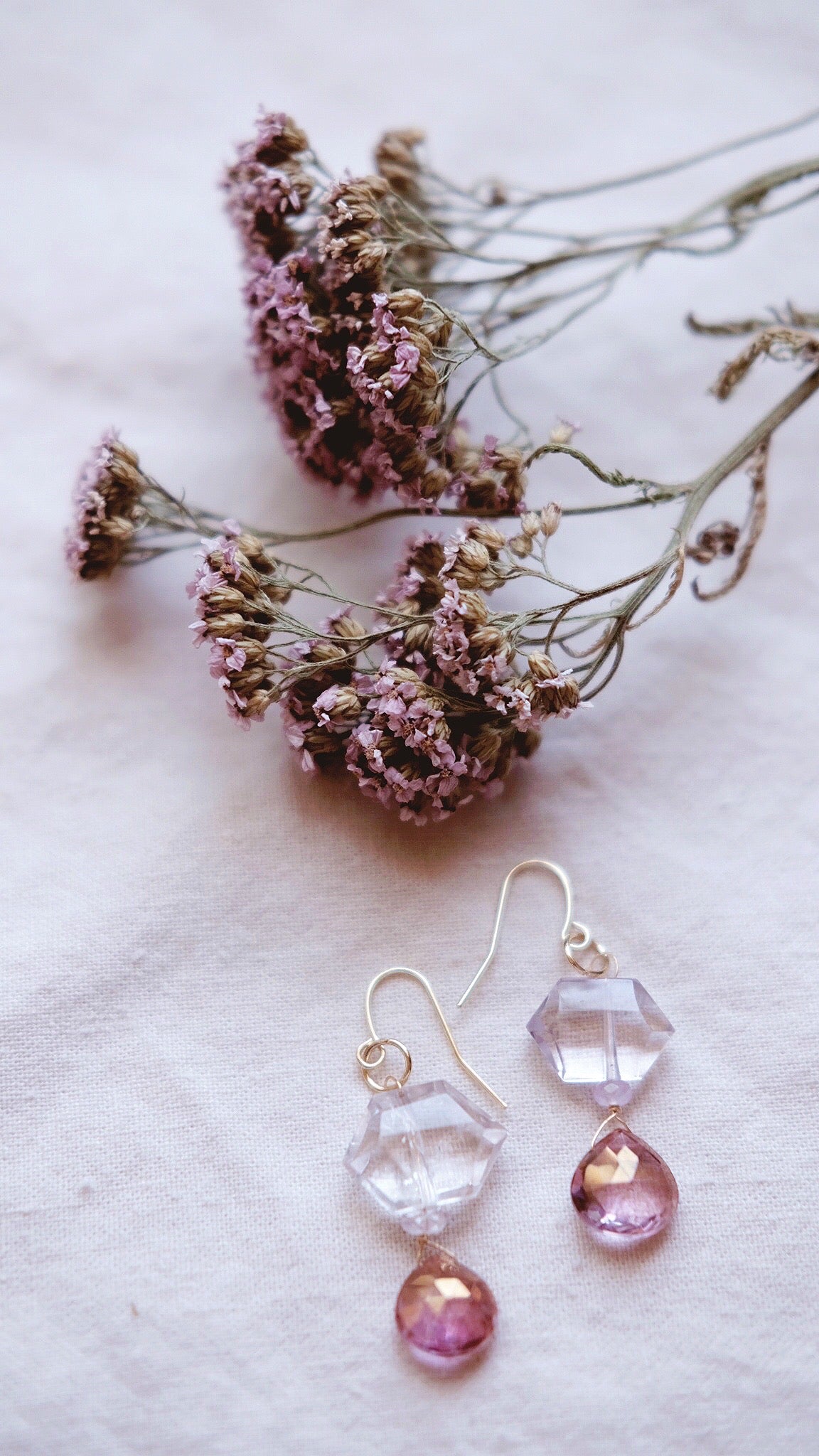 Lilac and Roses + Amethyst, Aura Pink Quartz earrings