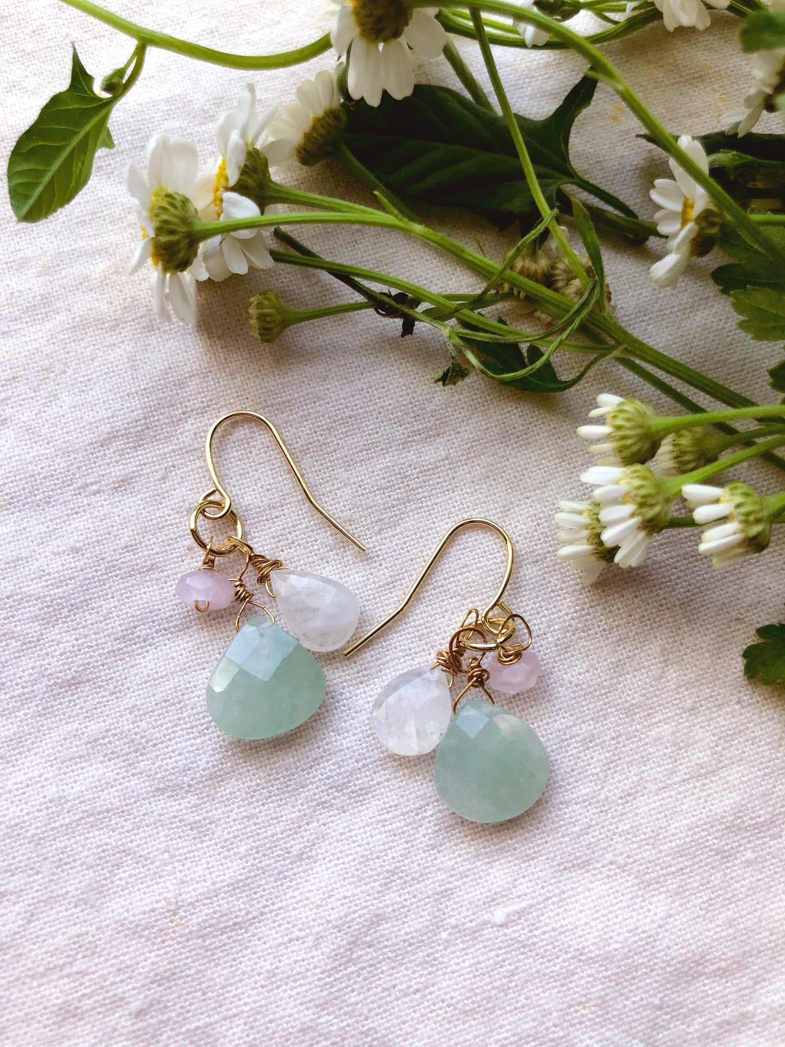 Leaf vine + Prehnite, Moonstone, and Pink Quartz earrings