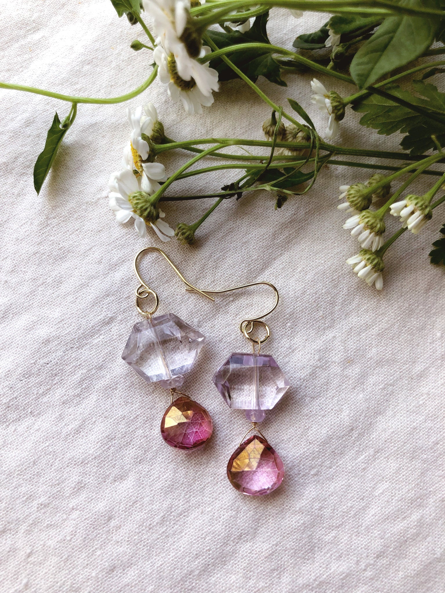 Lilac and Roses + Amethyst, Aura Pink Quartz earrings