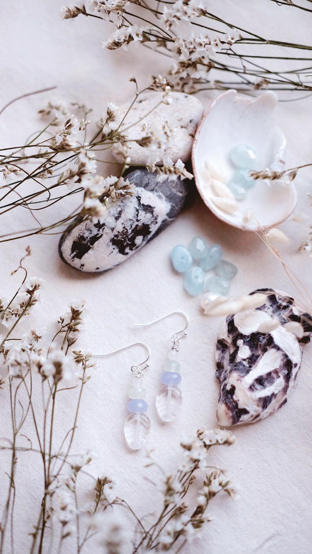 Tranquil Leaves + Carved Rock Quartz, Moonstone, Prehnite & Chalcedony earrings