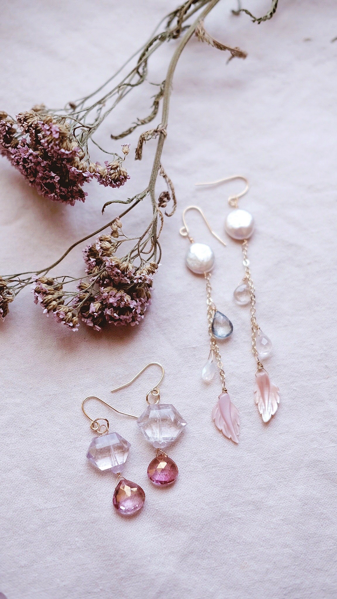 Moon flower + Freshwater Pearl + Moonstone + Carved Mother of Pearl earrings