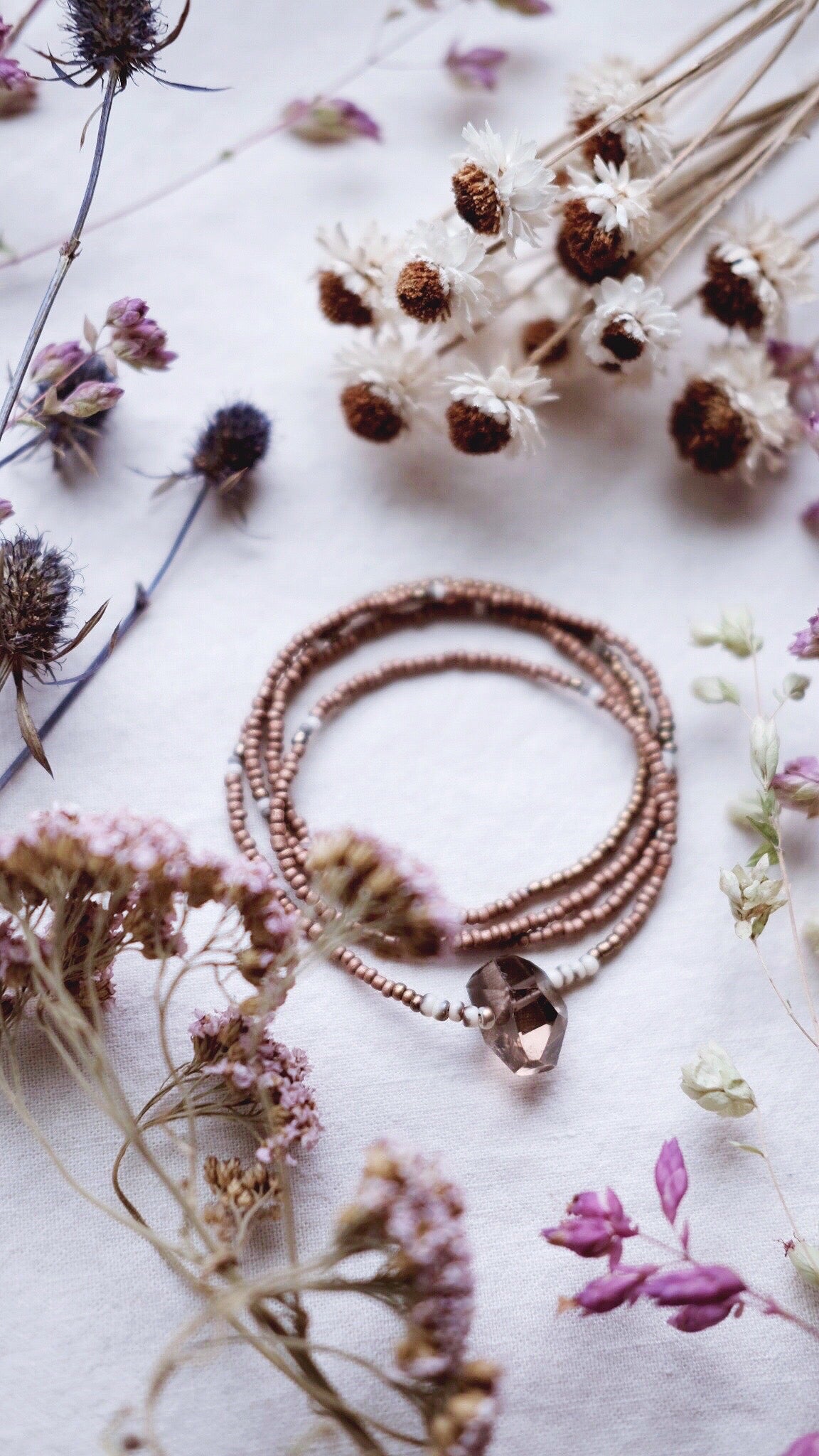 Luminescence + Smoky Quartz cream and bronze necklace