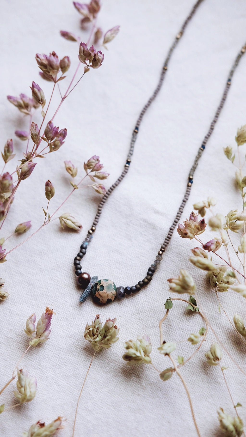 Verge of Seas + Jasper + Kyanite + Freshwater Pearl + Labradorite necklace