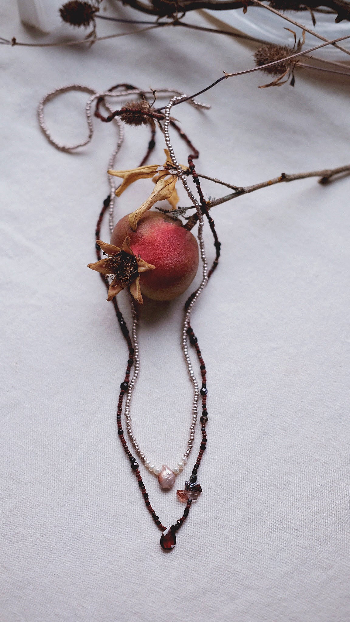 Proserpina + Garnet + Lepidocrosite + Pearl + Smokey Quartz + Onyx necklace