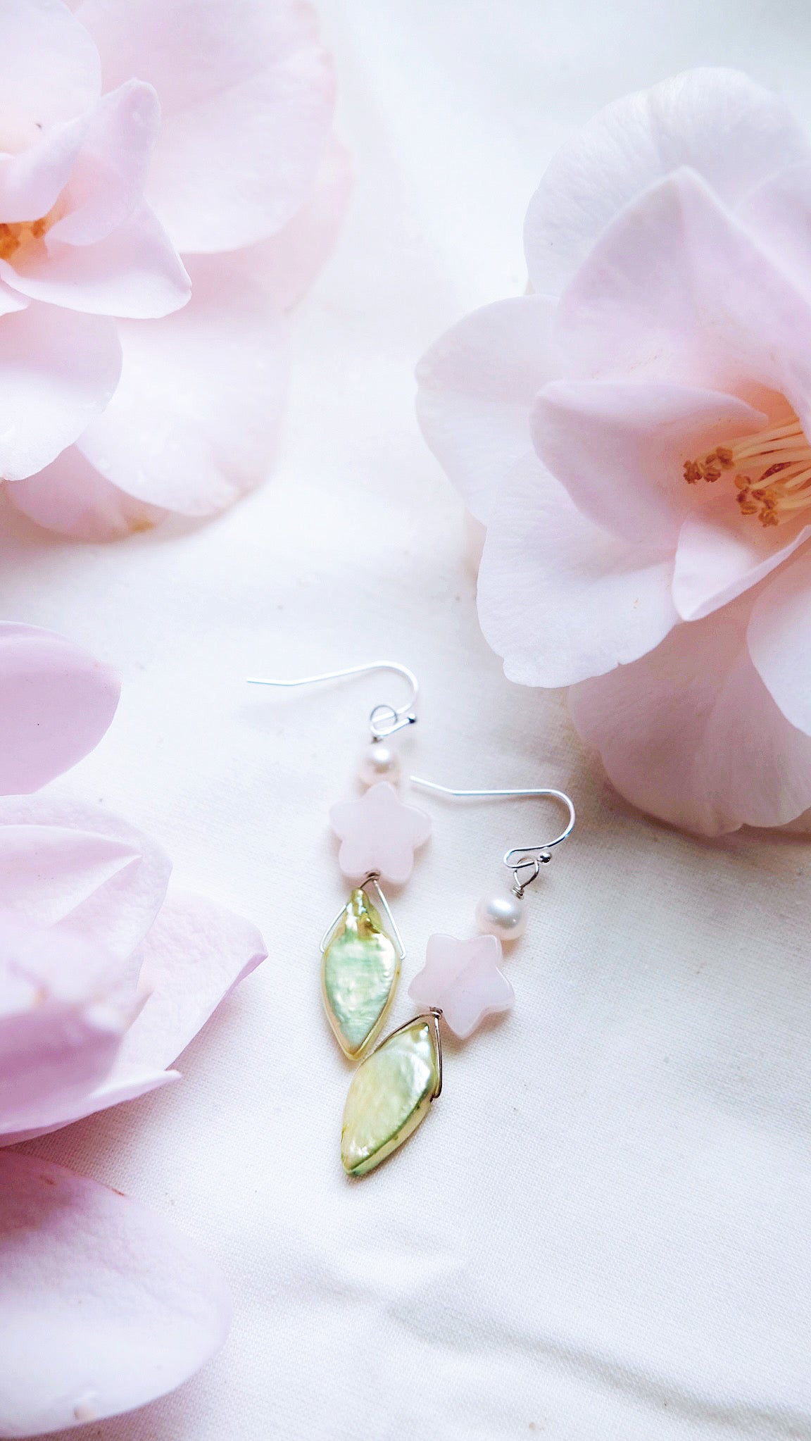 Spring Blossoms + Carved Rose Quartz + Freshwater Pearl  earrings