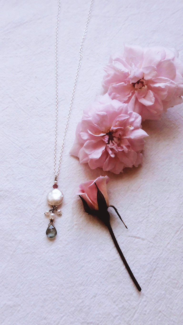 Freshwater Pearl necklace with Green Agate & Garnet  - LUNAR HARVEST - Full Moon in Libra, Venus in Taurus