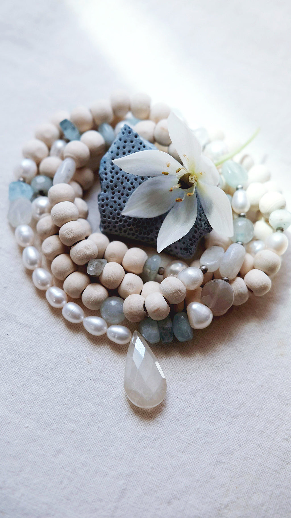 Aquamarine + Pearl + Moonstone + Chalcedony + gemstone necklace