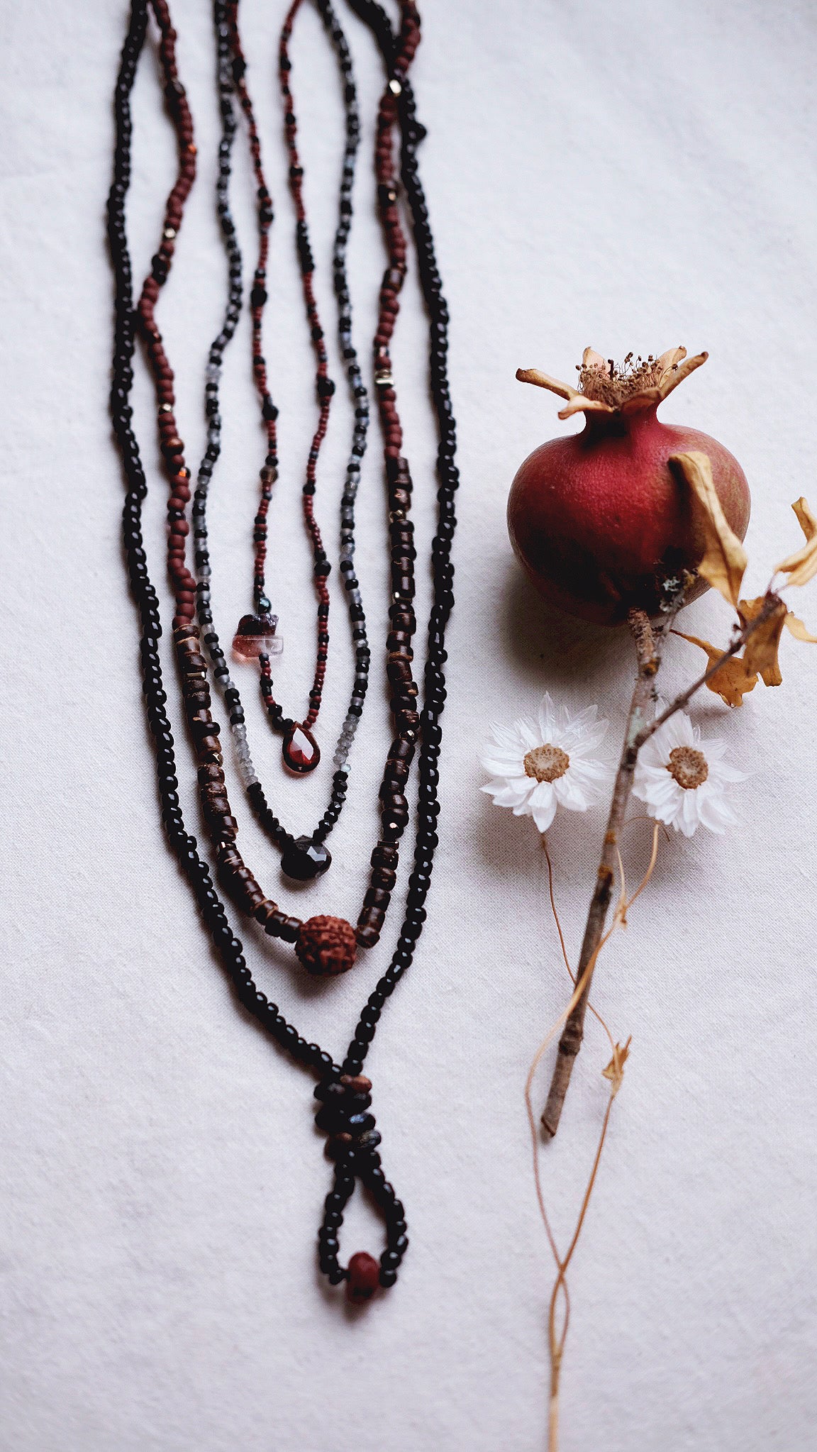 Proserpina + Garnet + Lepidocrosite + Pearl + Smokey Quartz + Onyx necklace