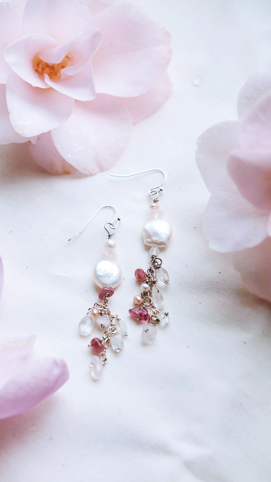 Khloris Spring Goddess + Moonstone + Rose Quartz + Pink Tourmaline + Freshwater Pearl earrings
