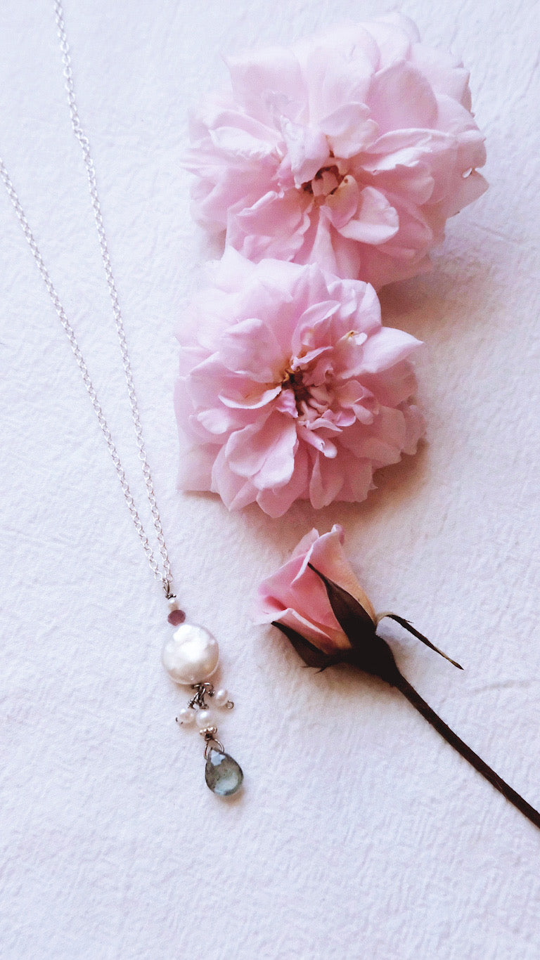 Freshwater Pearl necklace with Green Agate & Garnet  - LUNAR HARVEST - Full Moon in Libra, Venus in Taurus