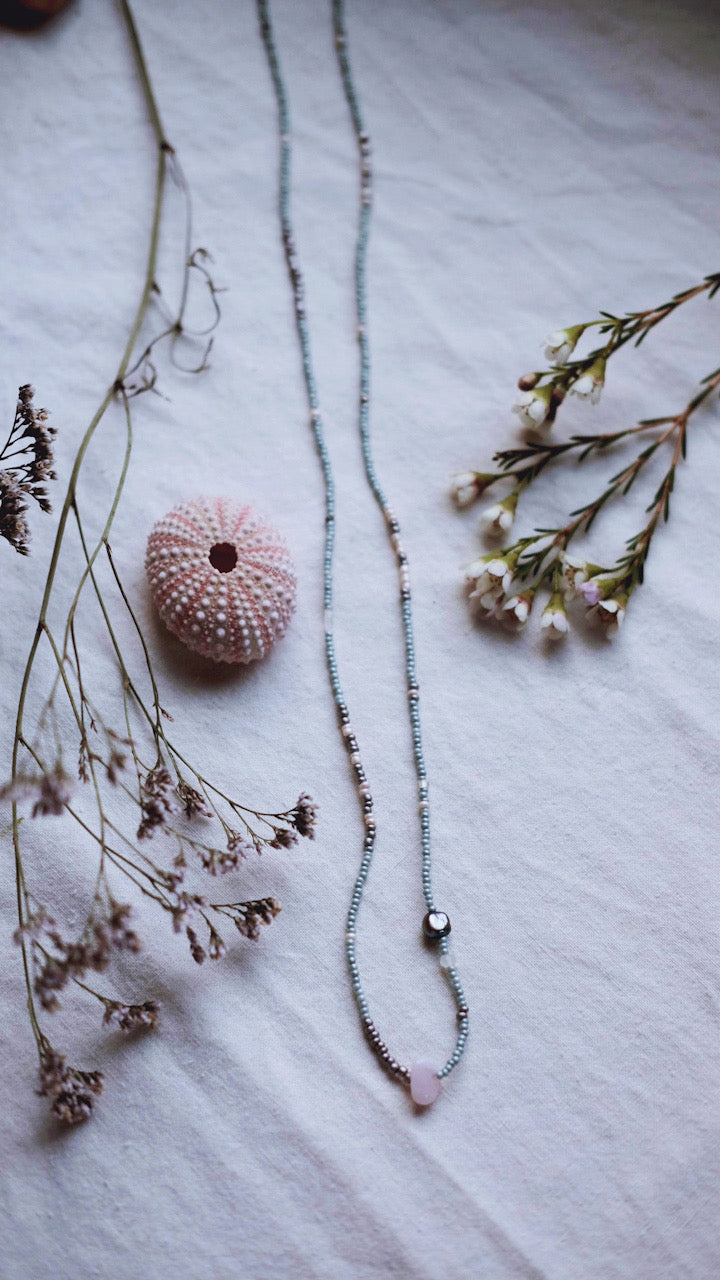 Mist and Rain + Rose Quartz + Freshwater pearl + Moonstone necklace