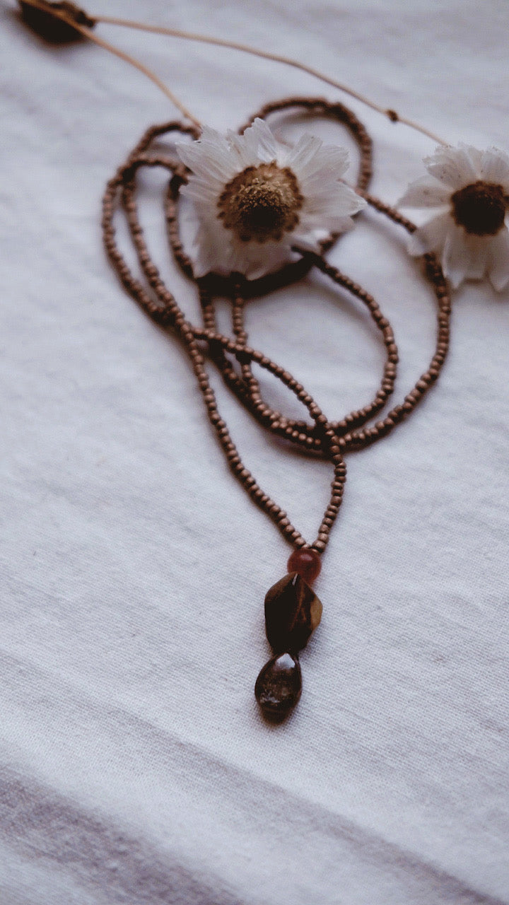 Astral Earth + Chiastolite + Petrified Wood + Sunstone necklace