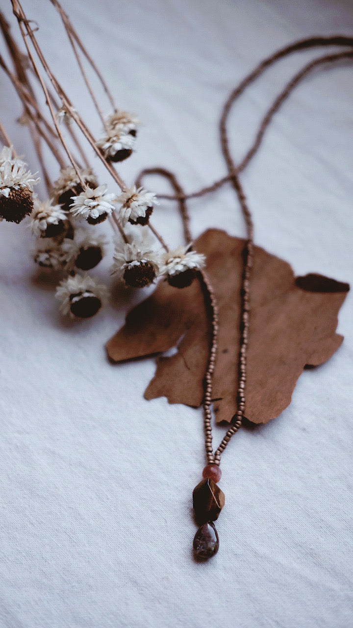 Astral Earth + Chiastolite + Petrified Wood + Sunstone necklace