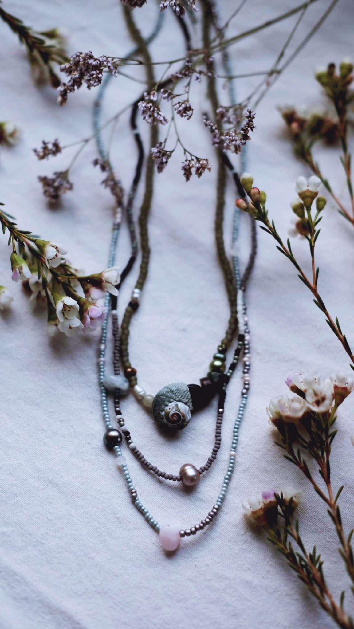 Mist and Rain + Rose Quartz + Freshwater pearl + Moonstone necklace