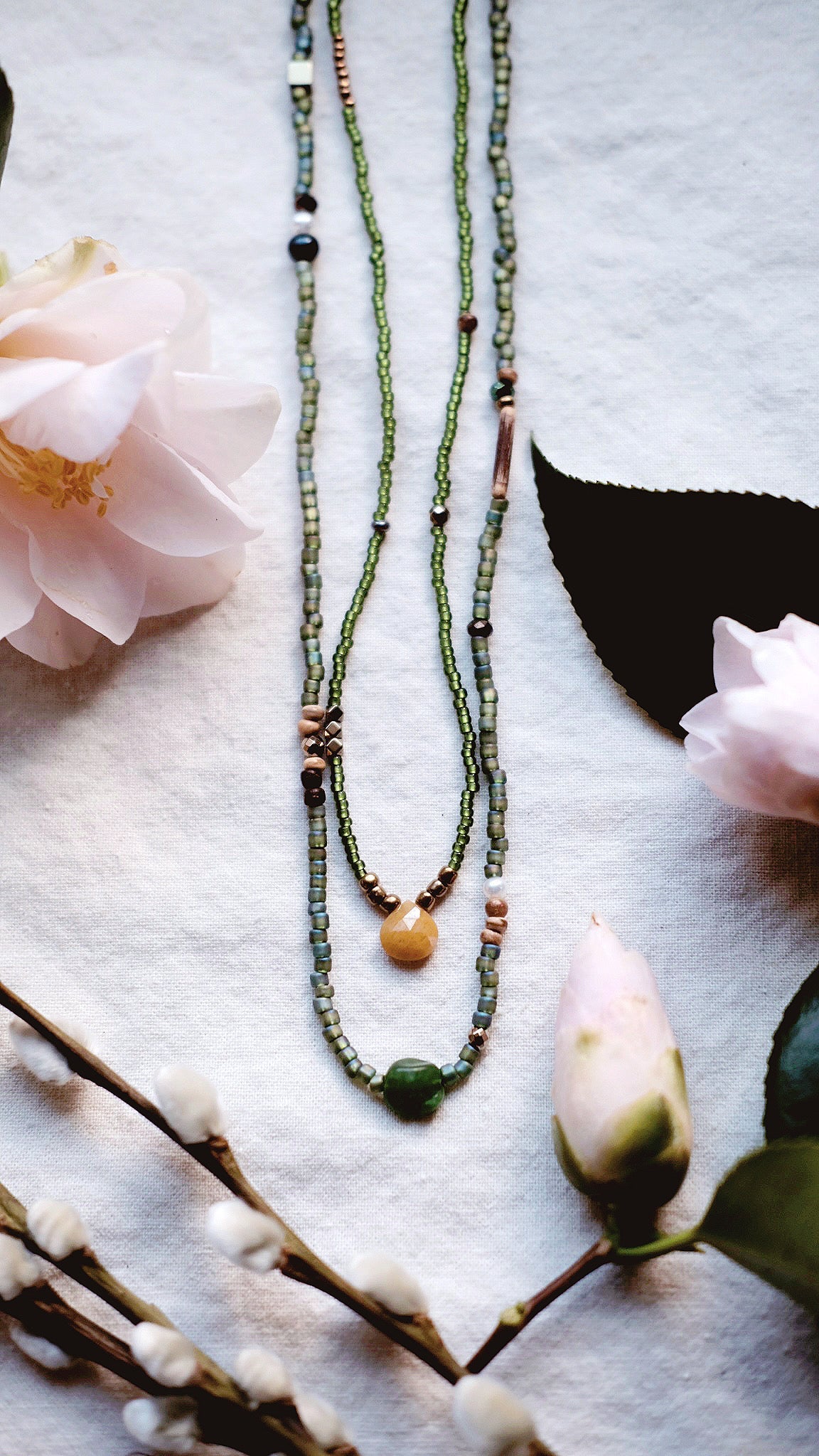 Ancient Pine  + Aventurine + Freshwater Pearl + Pyrite gemstone necklace