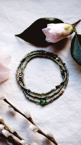 Ancient Pine  + Aventurine + Freshwater Pearl + Pyrite gemstone necklace