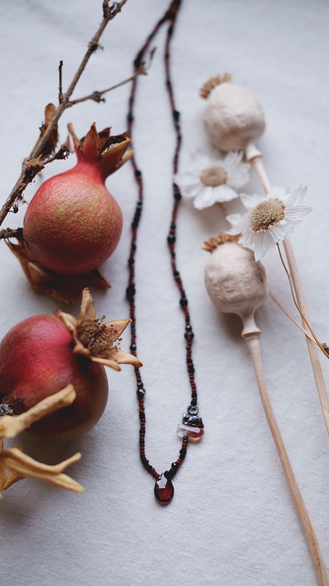 Proserpina + Garnet + Lepidocrosite + Pearl + Smokey Quartz + Onyx necklace