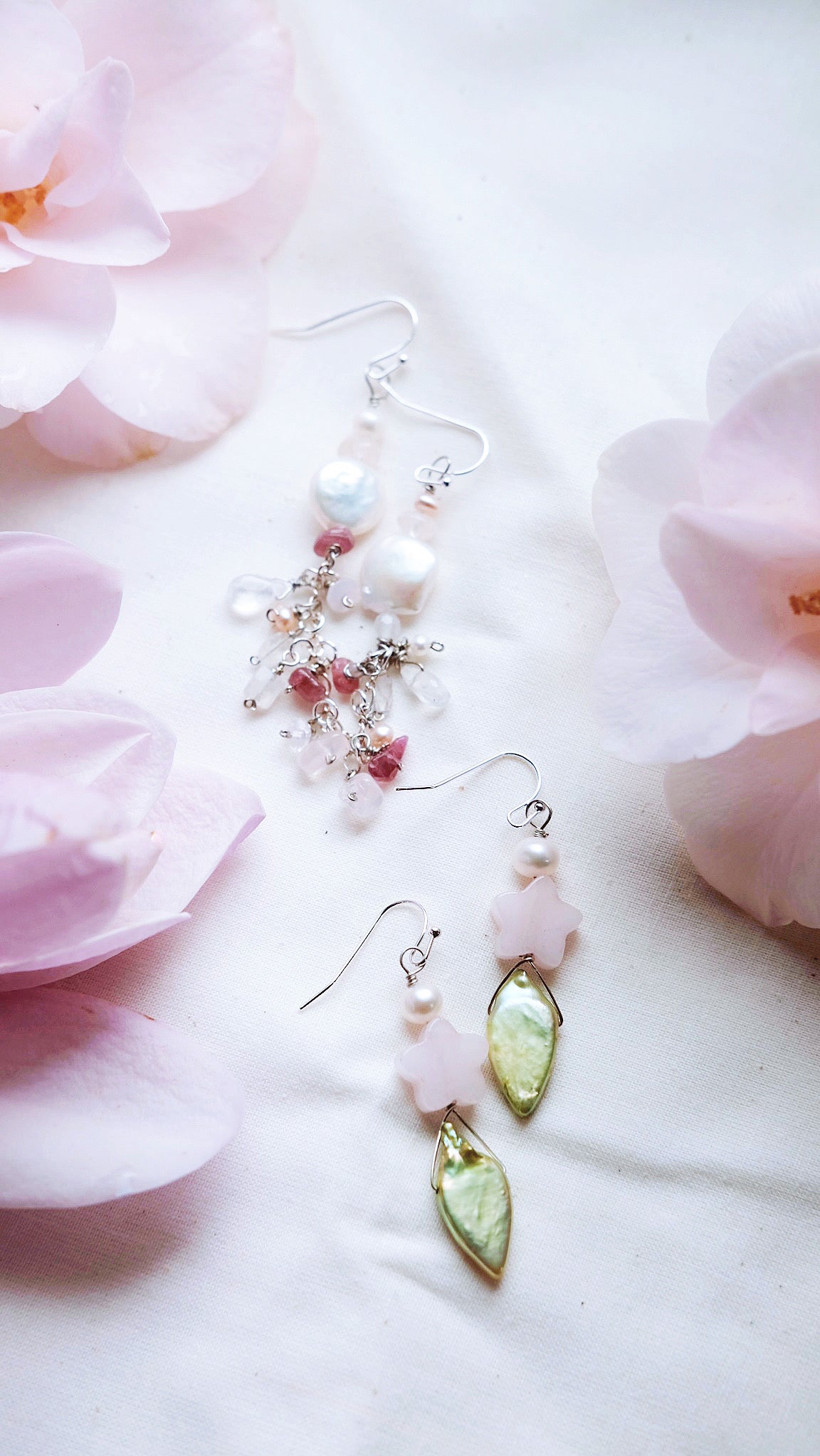 Spring Blossoms + Carved Rose Quartz + Freshwater Pearl  earrings