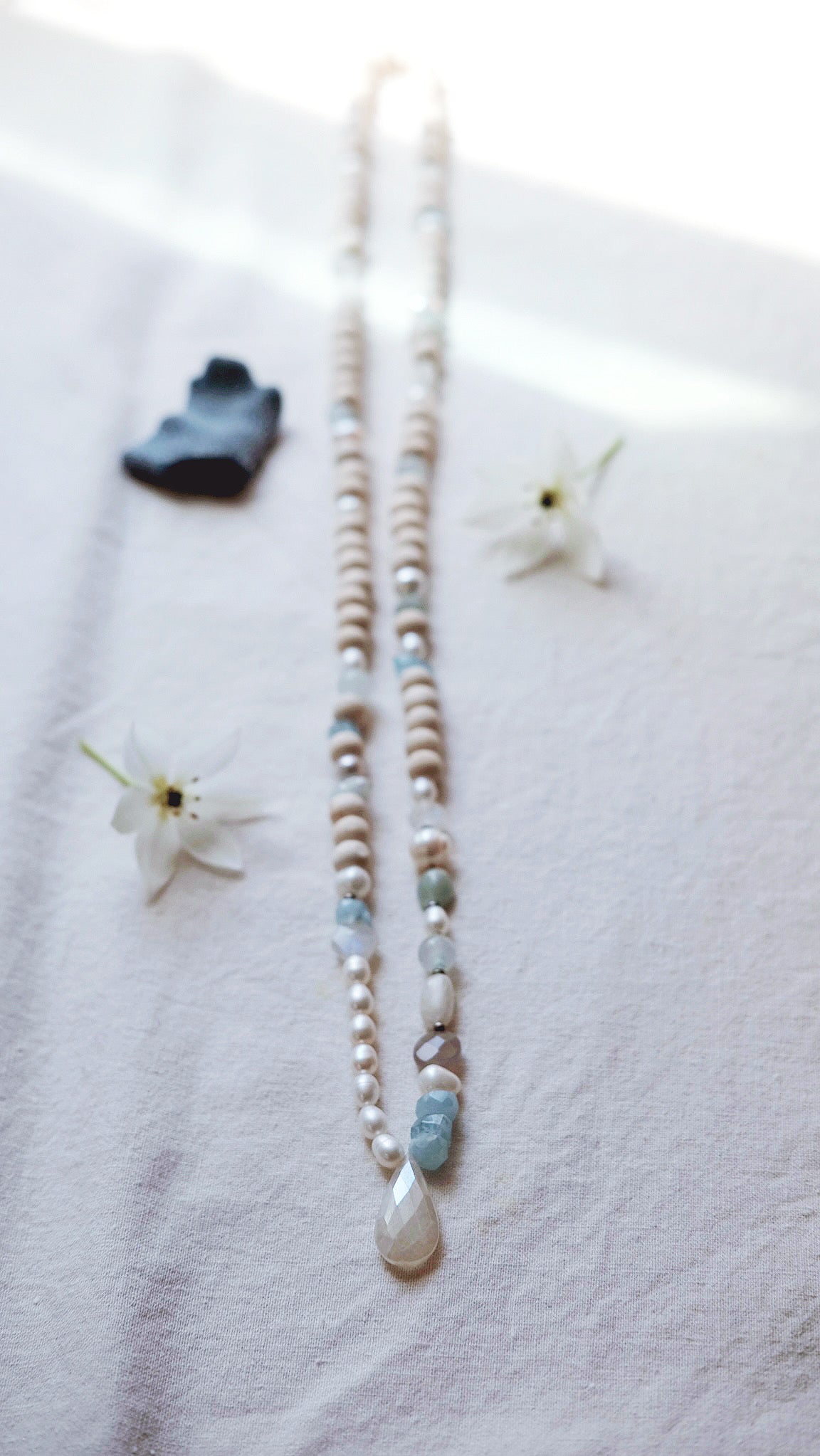Aquamarine + Pearl + Moonstone + Chalcedony + gemstone necklace