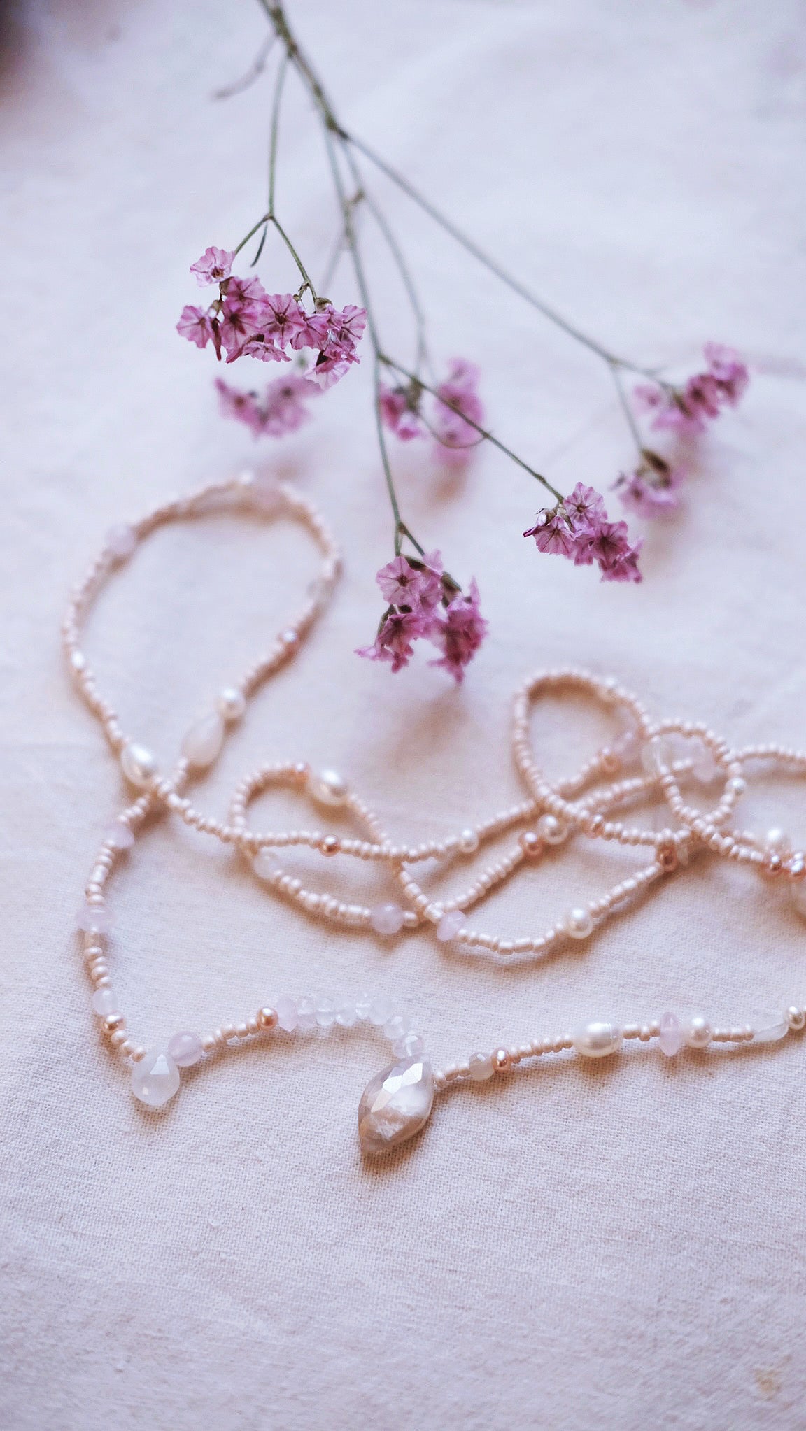 Heliacal Rise + Pearl Chalcedony + Moonstone + Rose Quartz gemstone necklace