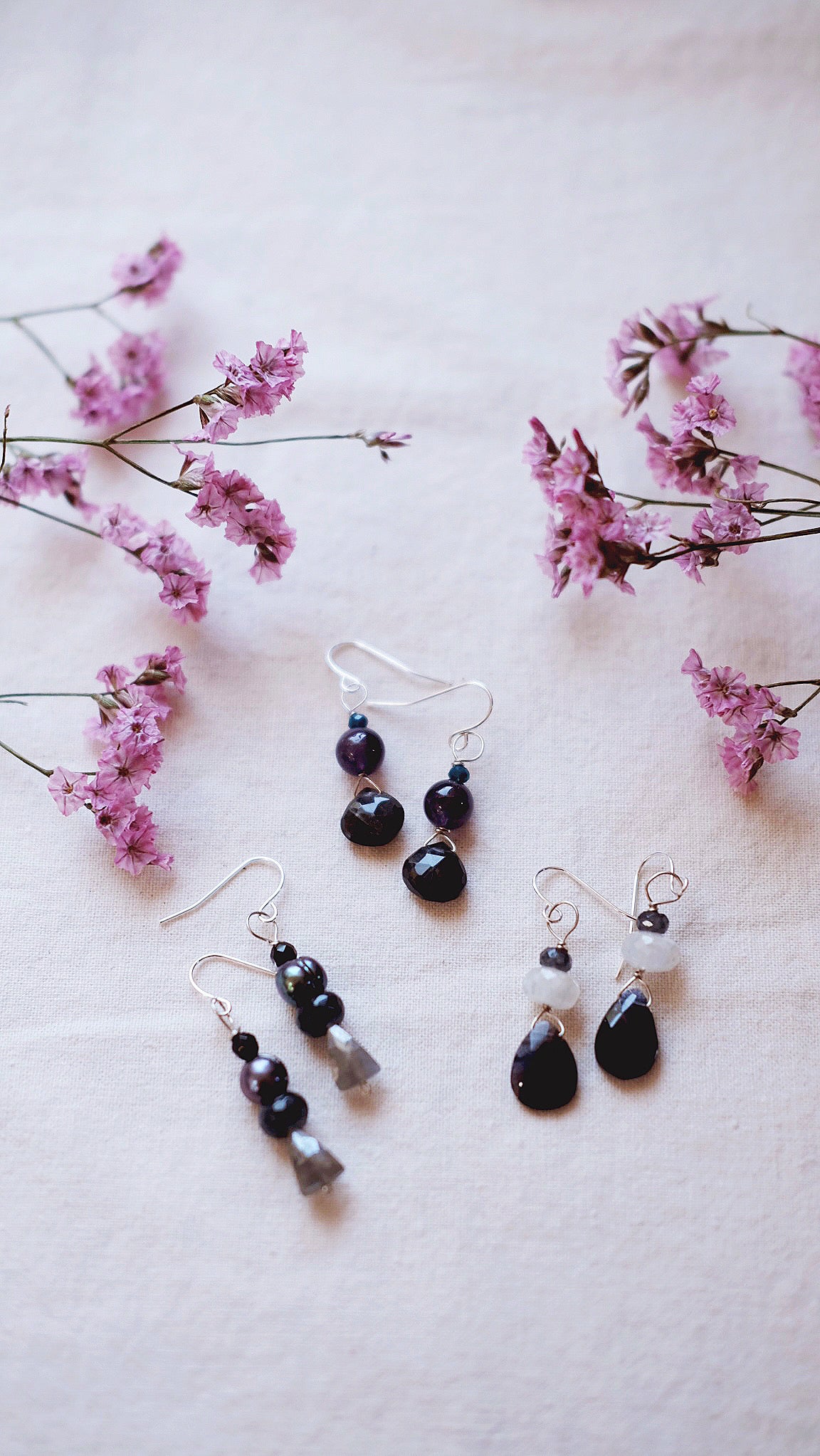 New Moon + Black Moonstone + Amethyst + Spinel gemstone earrings