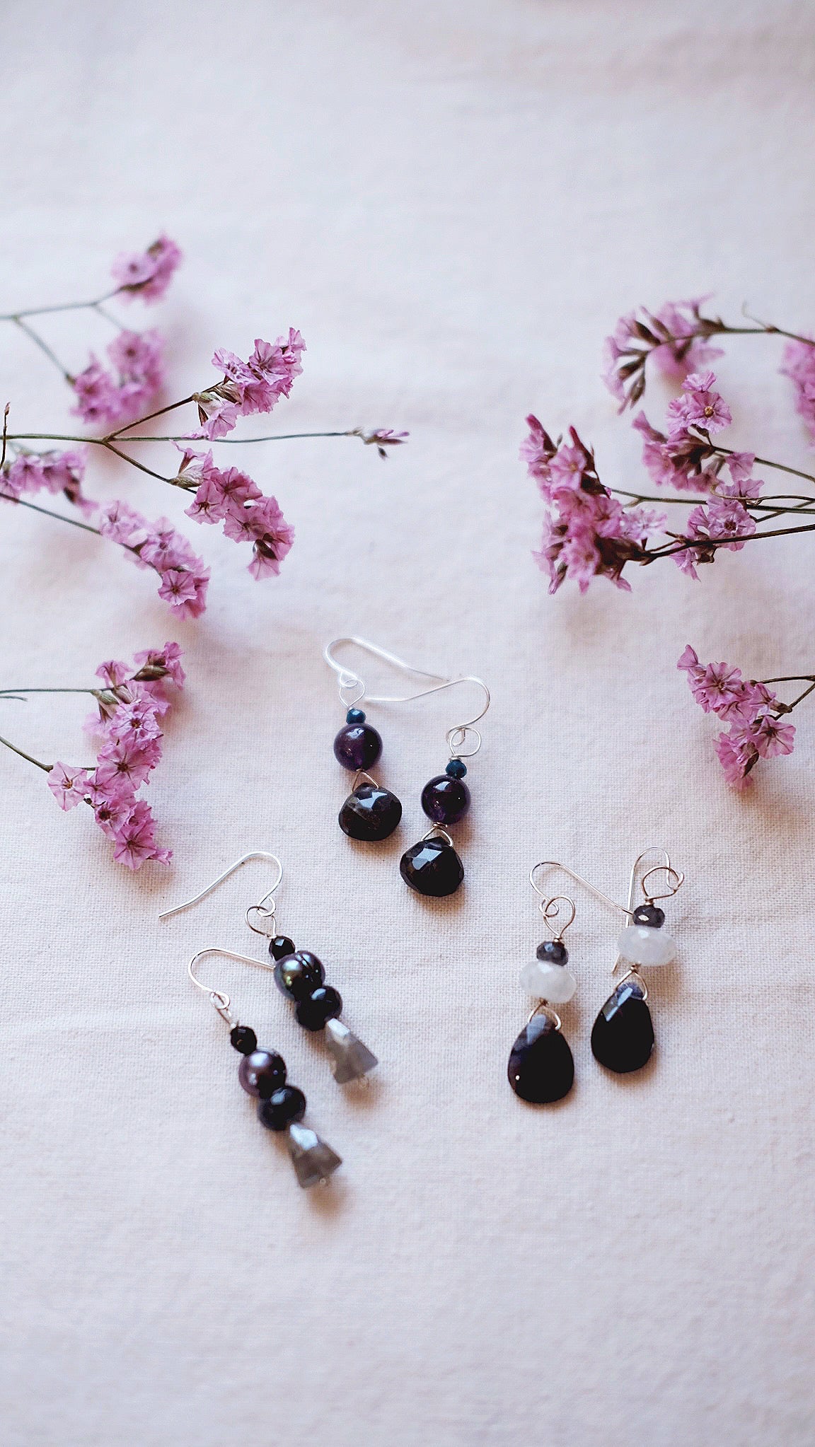 Lunar Acumen + Grey Moonstone + Black Pearl + Quartz + Spinel gemstone earrings