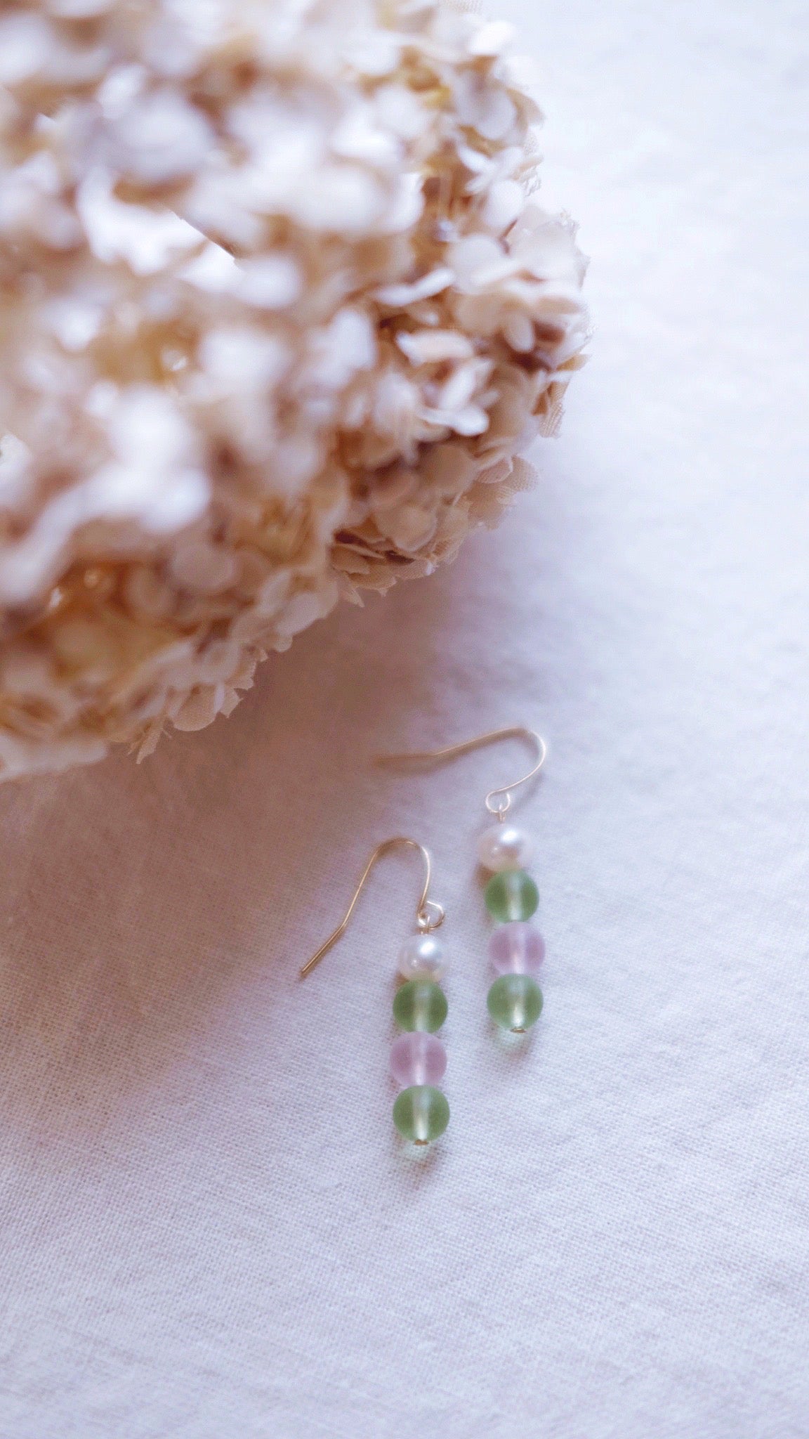 Sweet Mochi + Freshwater Pearl, Pink & Green Pastel Glass earrings