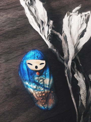 Labradorite Corn Maiden - Carved inlaid Mother of Pearl and Coral Maiden by Kateri Sanchez