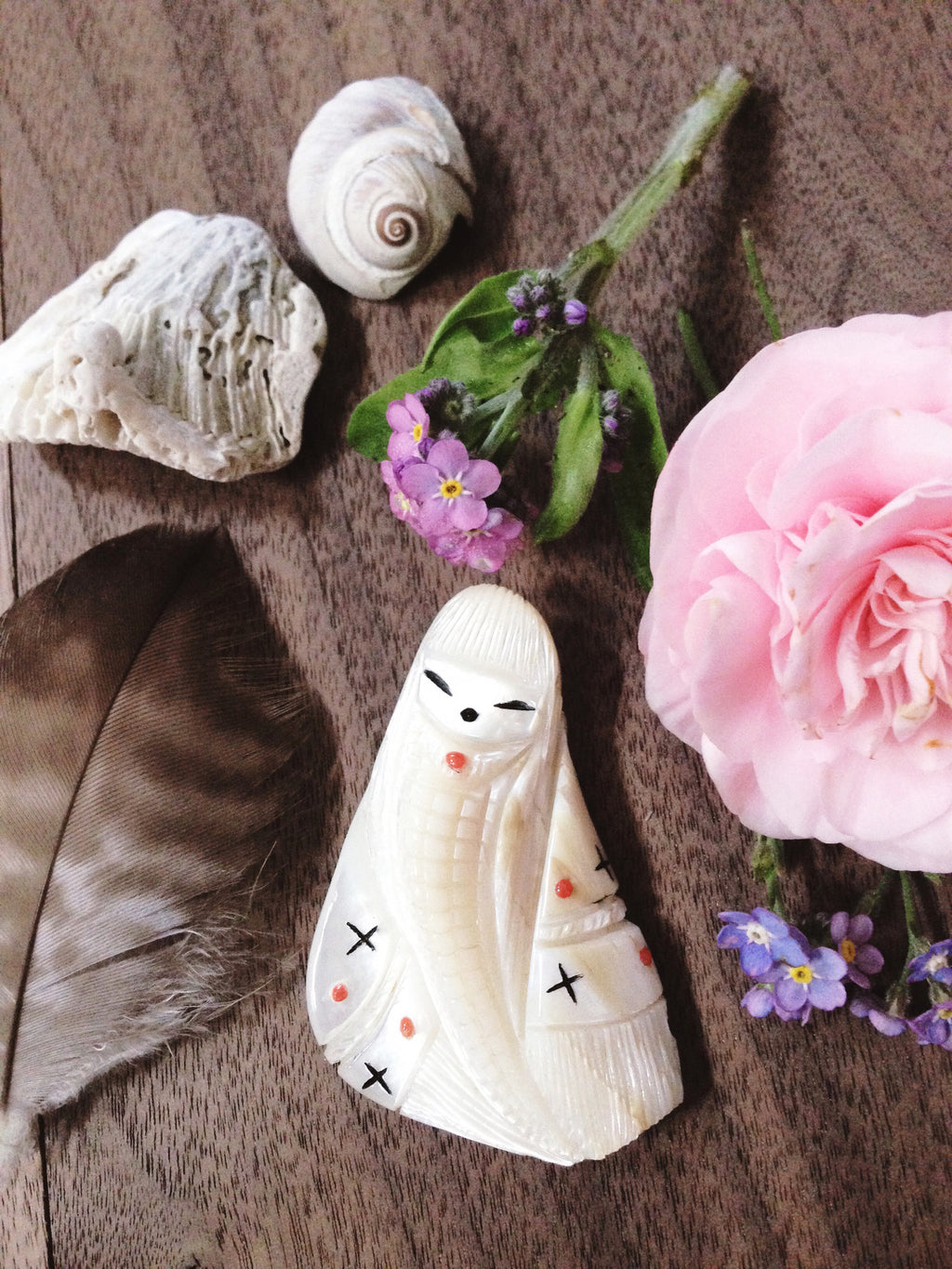 Corn Maiden + Mother of Pearl + Coral + Jet dual sided carving by Kateri Sanchez