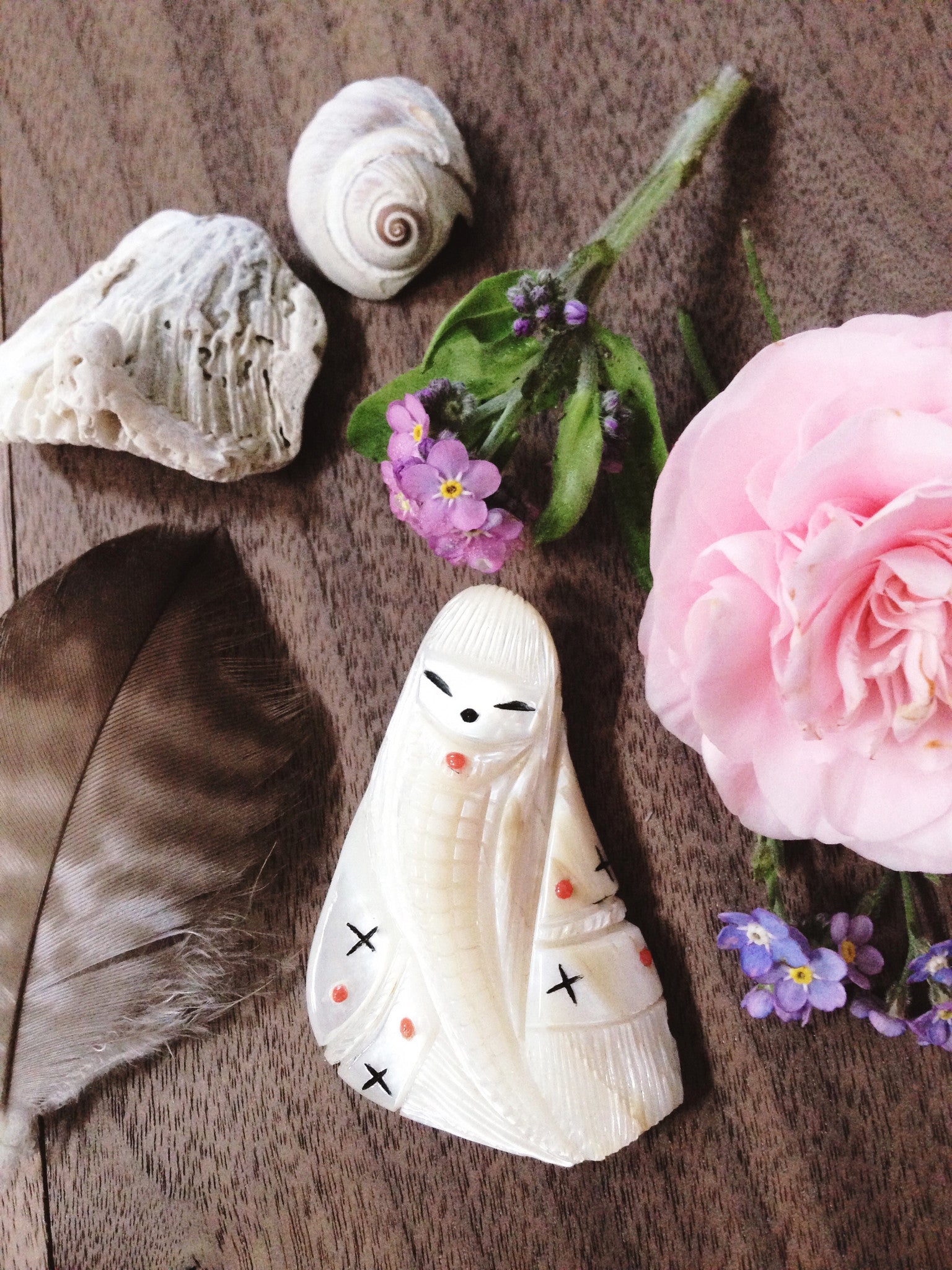 Corn Maiden + Mother of Pearl + Coral + Jet dual sided carving by Kateri Sanchez