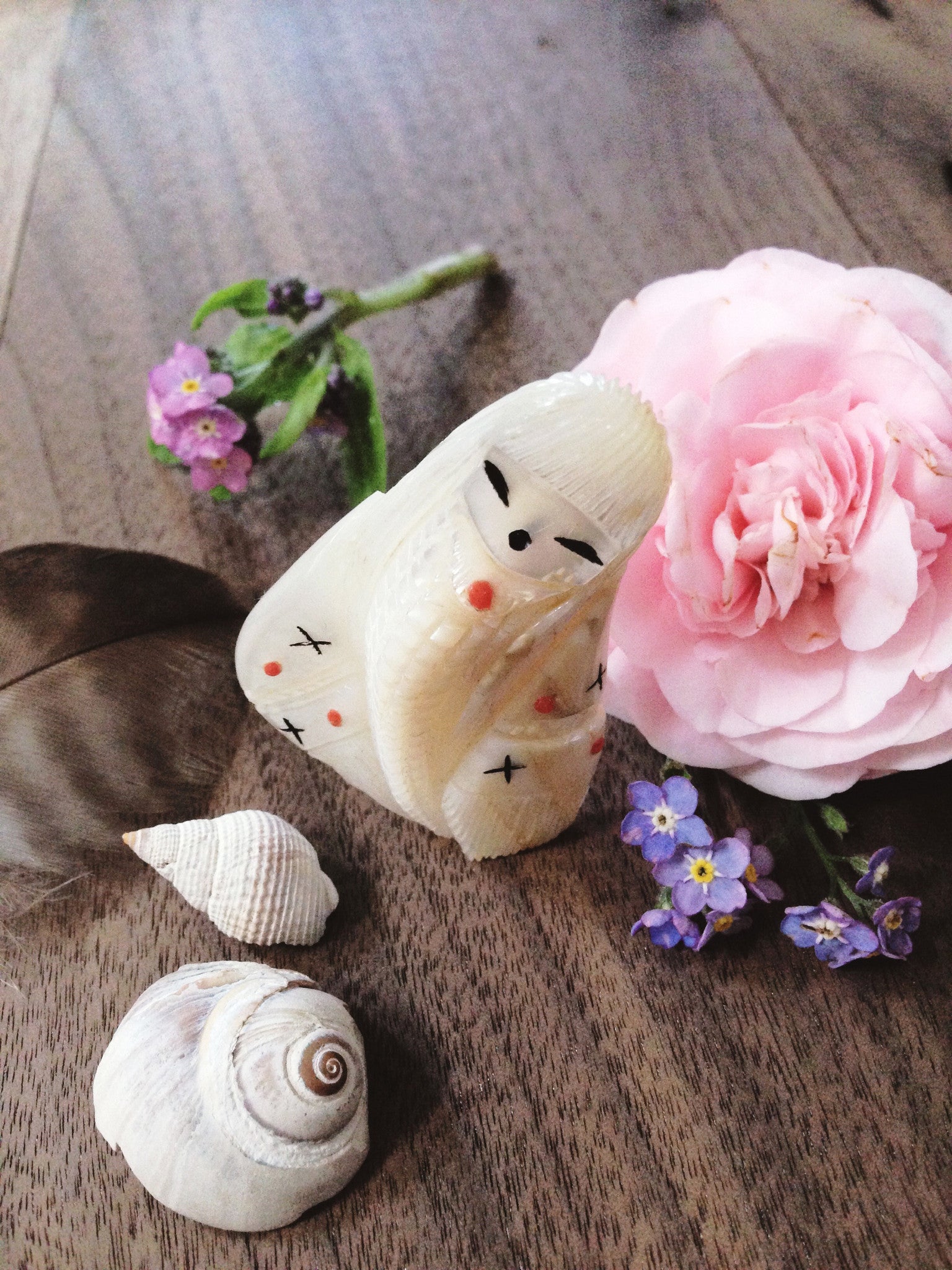 Corn Maiden + Mother of Pearl + Coral + Jet dual sided carving by Kateri Sanchez