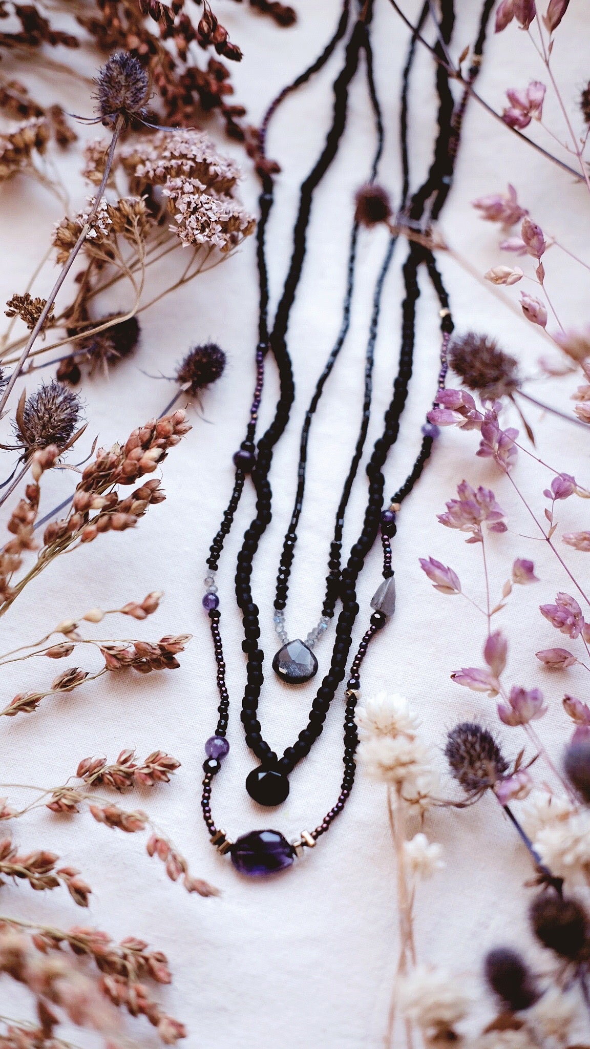 Scrying Pool + Grey Moonstone + Labradorite + Black Spinel gemstone necklace