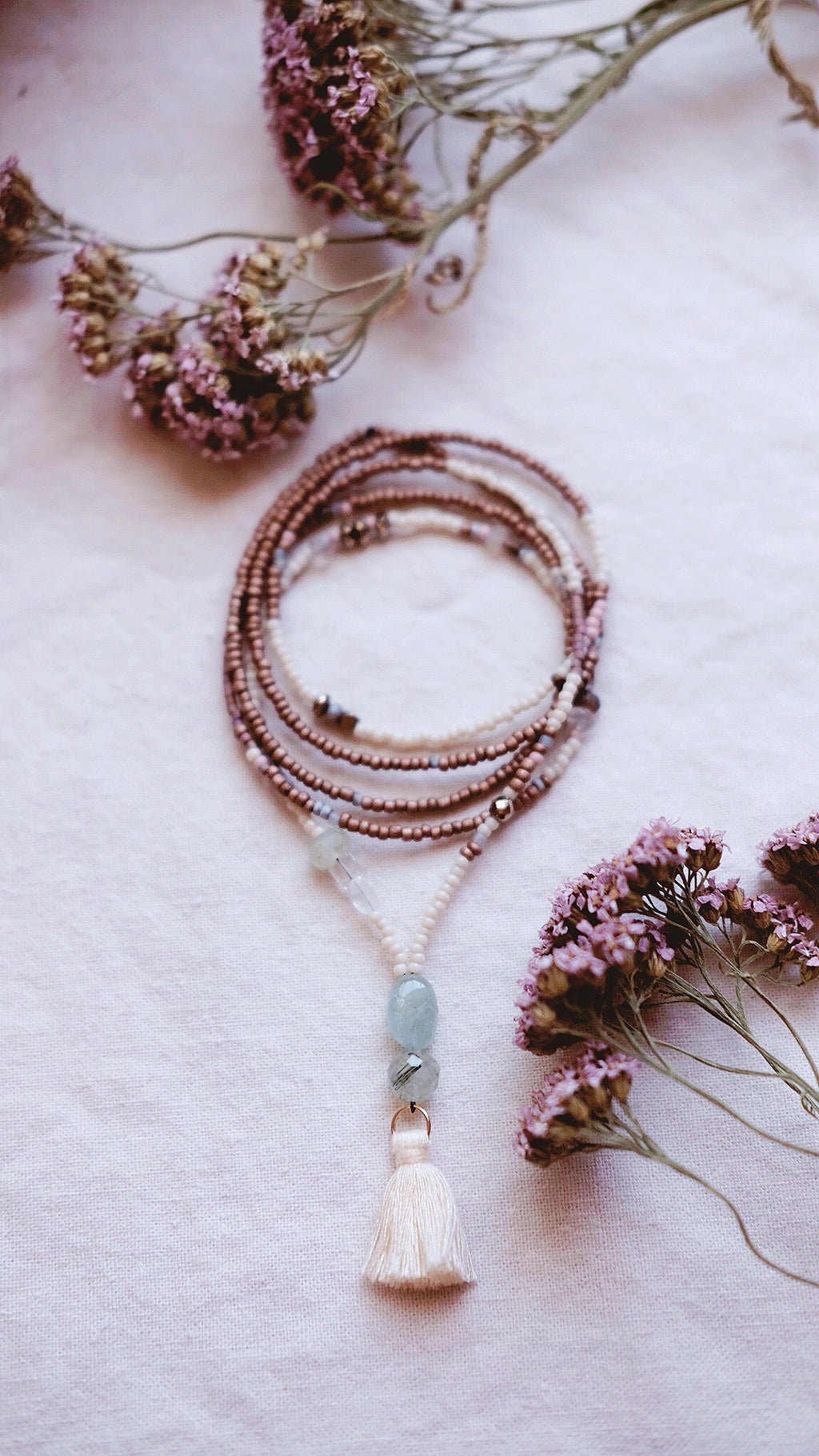 Hydrangea Blossom + Aquamarine + Moonstone + Rutilated Quartz and silk gemstone strand necklace