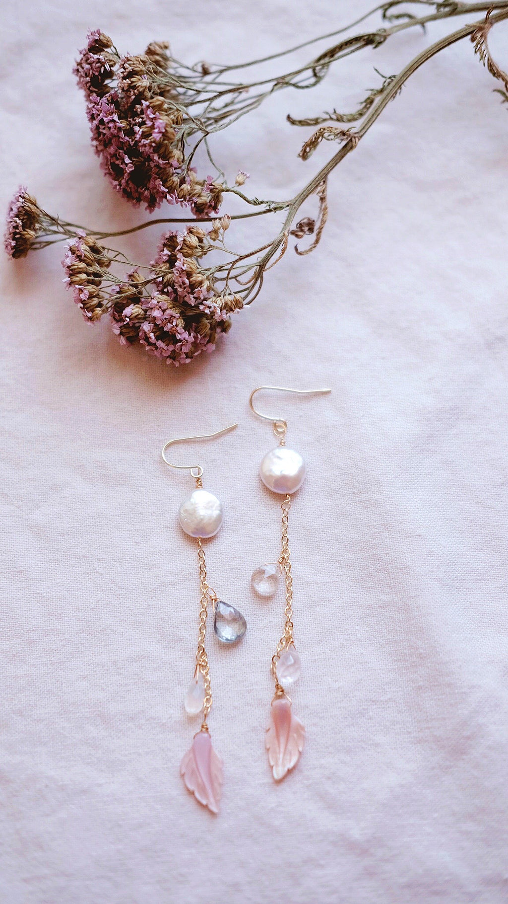 Moon flower + Freshwater Pearl + Moonstone + Carved Mother of Pearl earrings