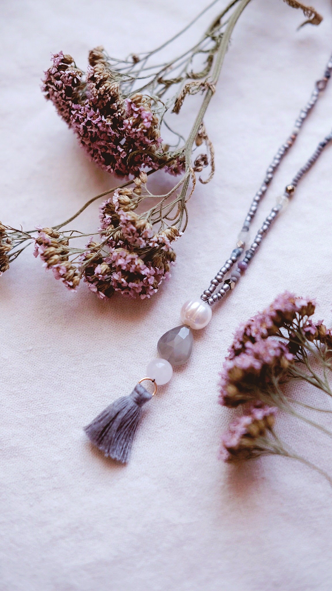Moonlight on Water + Baroque Pearl + Grey Moonstone + Rose Quartz and silk gemstone strand necklace