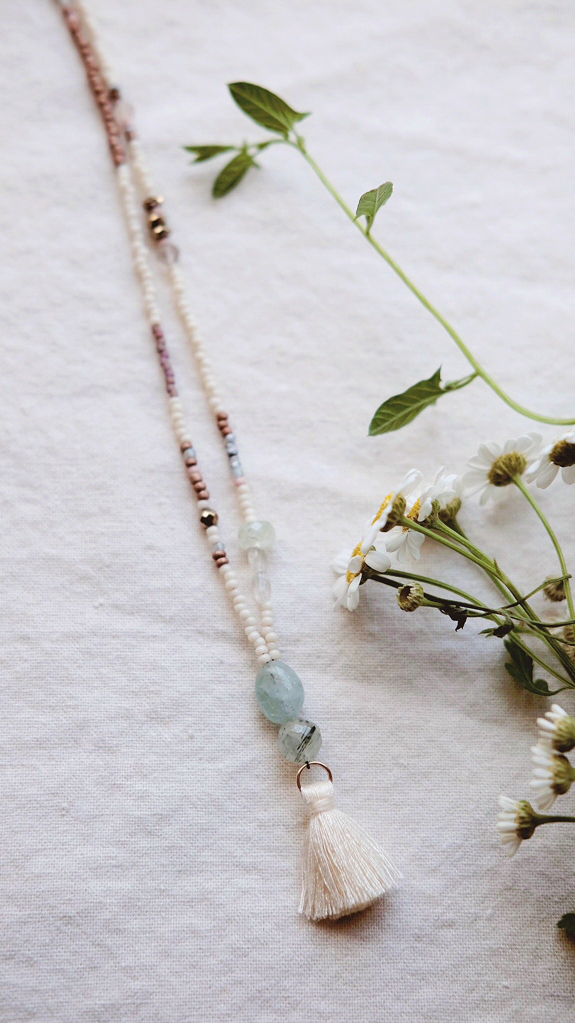 Hydrangea Blossom + Aquamarine + Moonstone + Rutilated Quartz and silk gemstone strand necklace