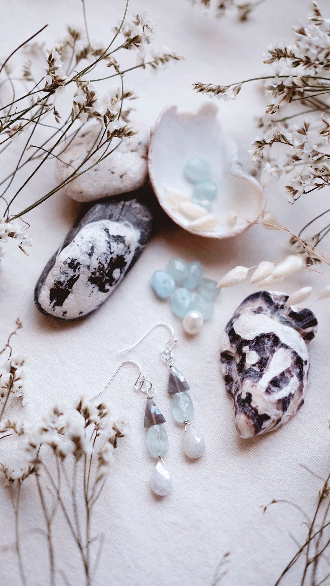 Sea Witch + Aquamarine + Moonstone + Chalcedony earrings