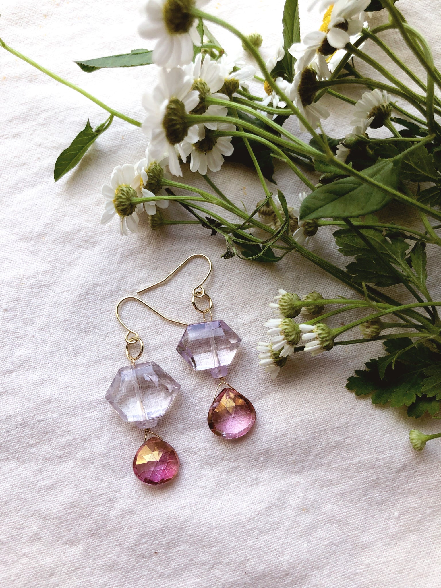 Lilac and Roses + Amethyst, Aura Pink Quartz earrings