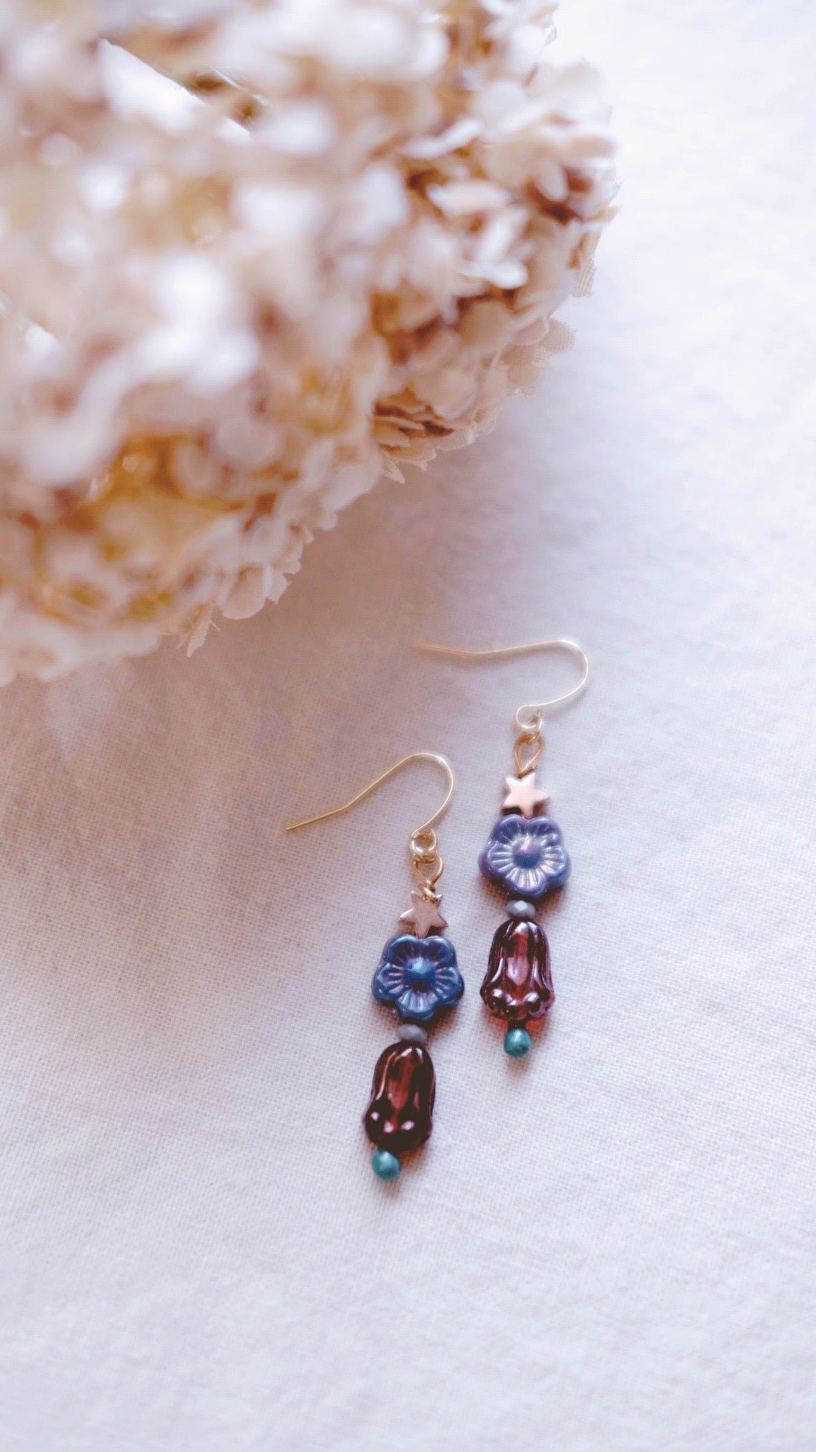 Star Lanterns + Pressed flowers, Chalcedony, and Ruby Glass earrings