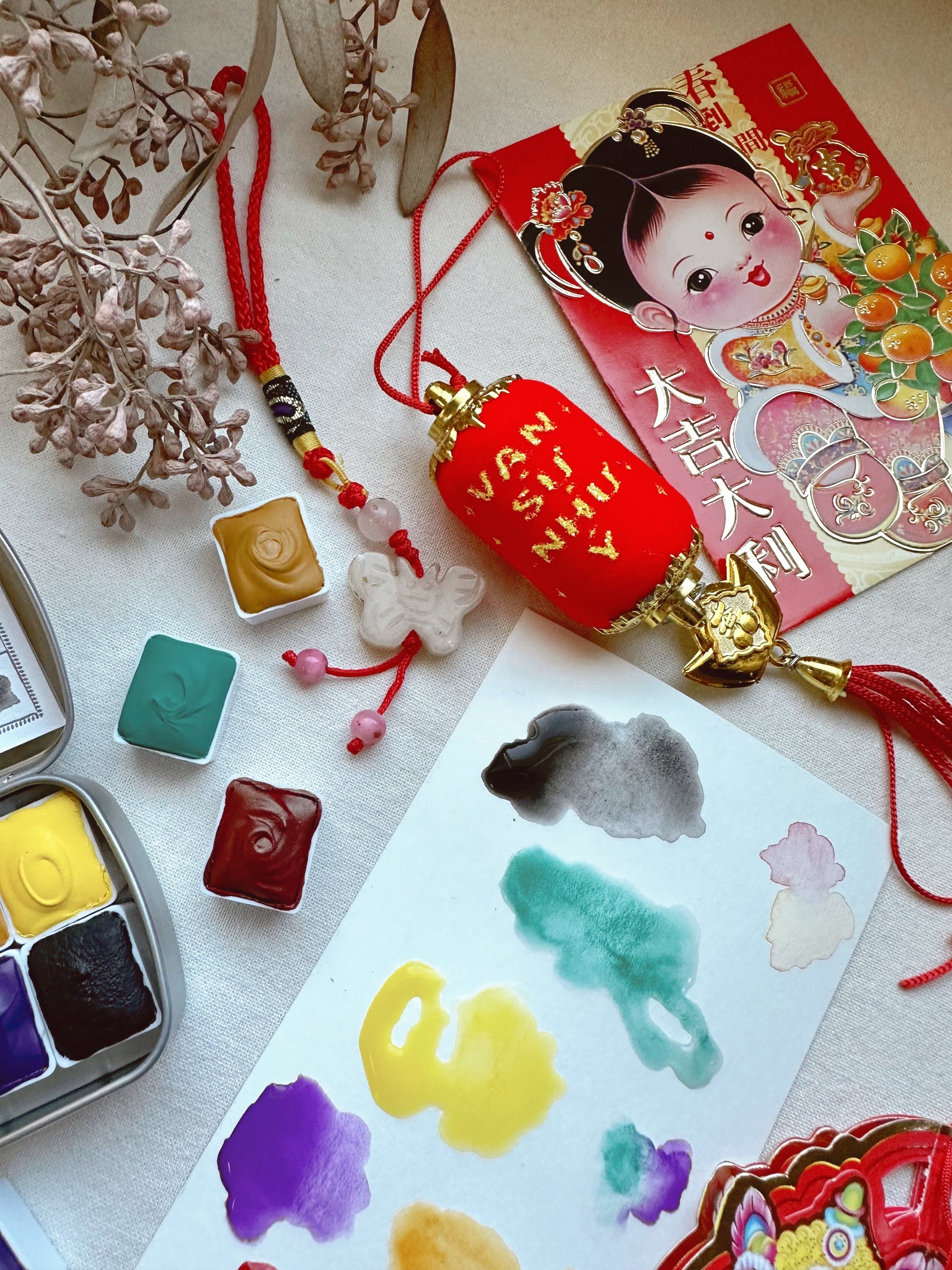 Tân Xuân  + Lunar New Year + mineral watercolor palette