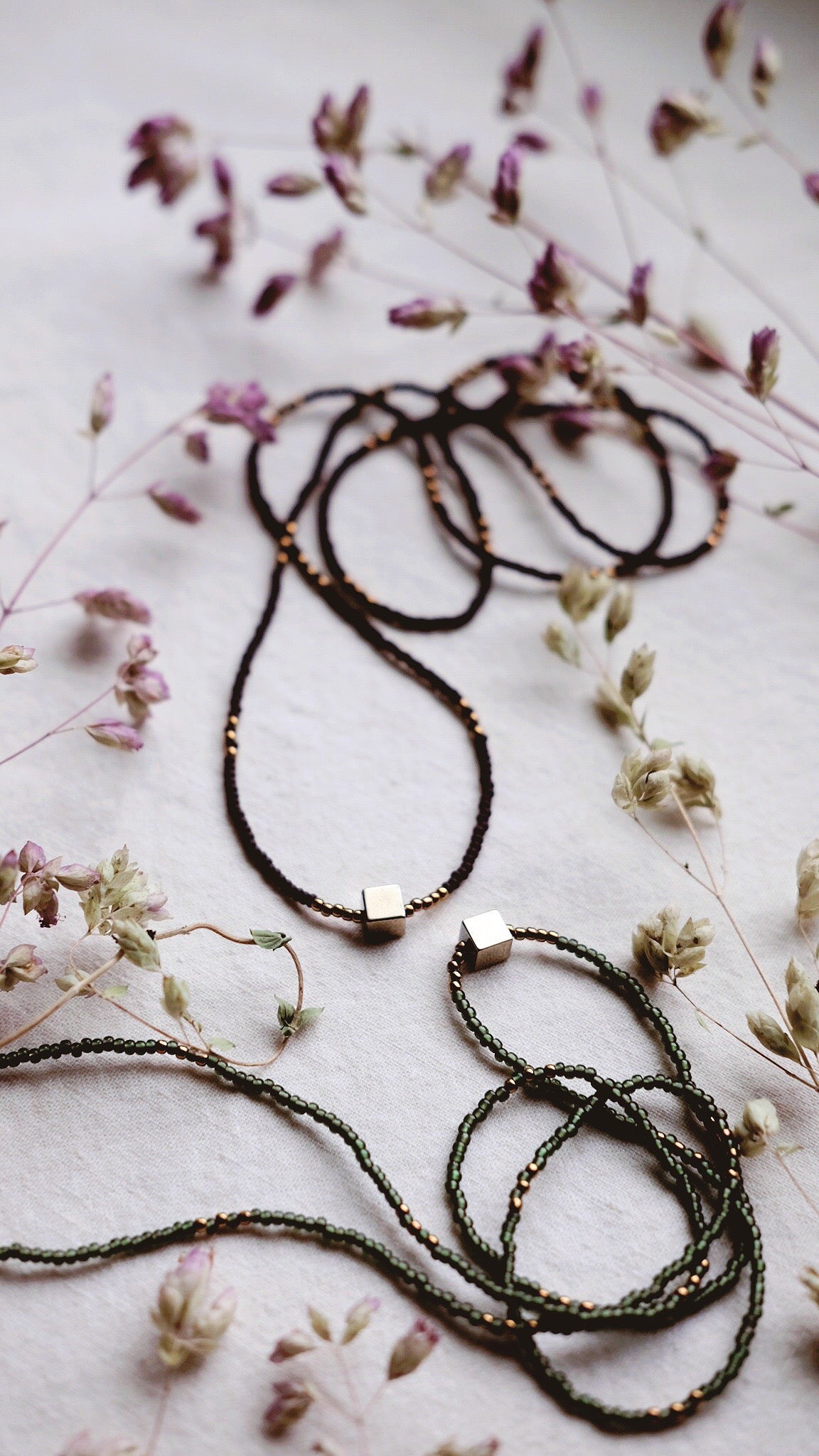 Lunar Festival  + Minimalist Pyrite and Vintage glass beaded necklaces