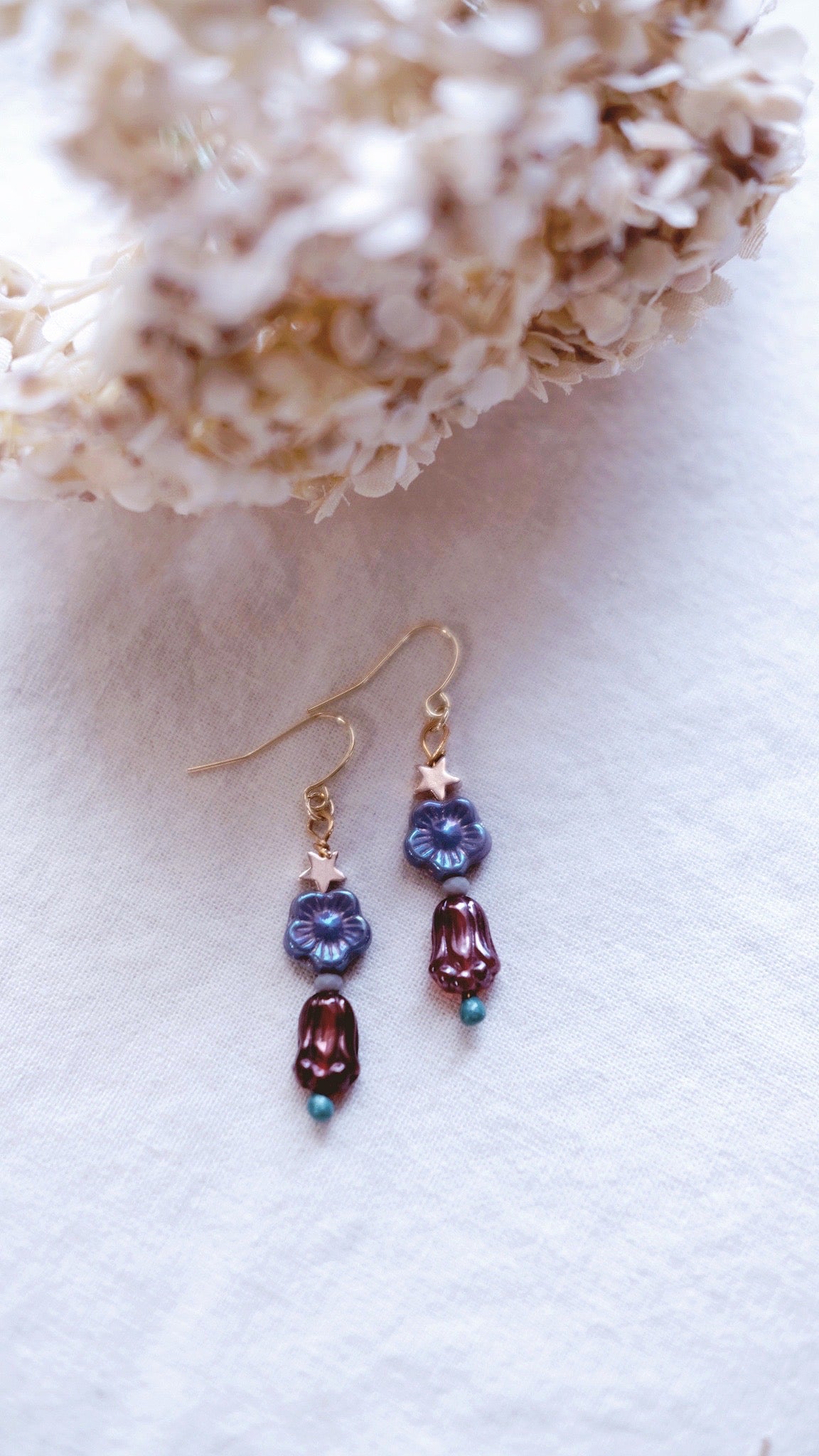 Star Lanterns + Pressed flowers, Chalcedony, and Ruby Glass earrings