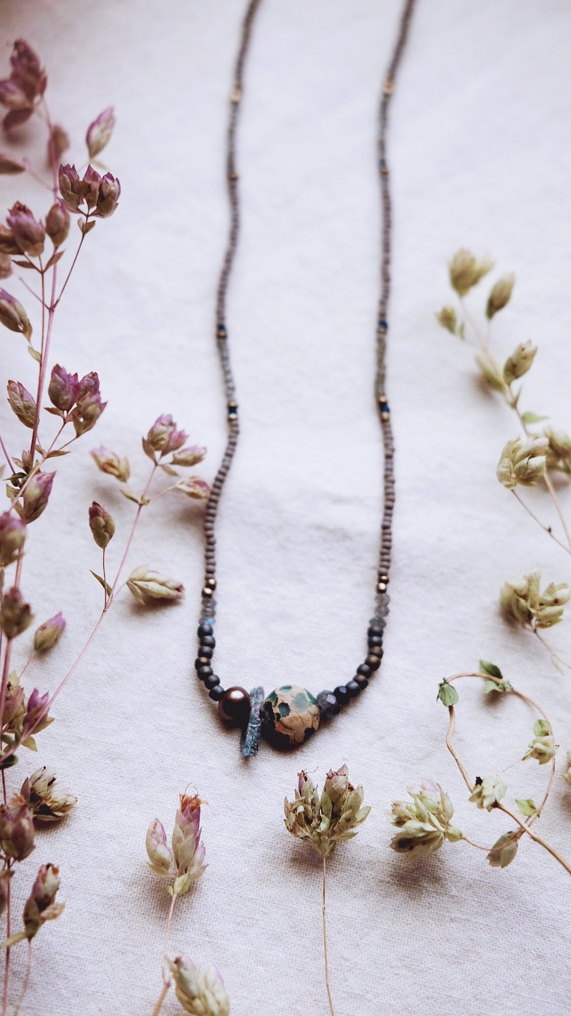 Verge of Seas + Jasper + Kyanite + Freshwater Pearl + Labradorite necklace